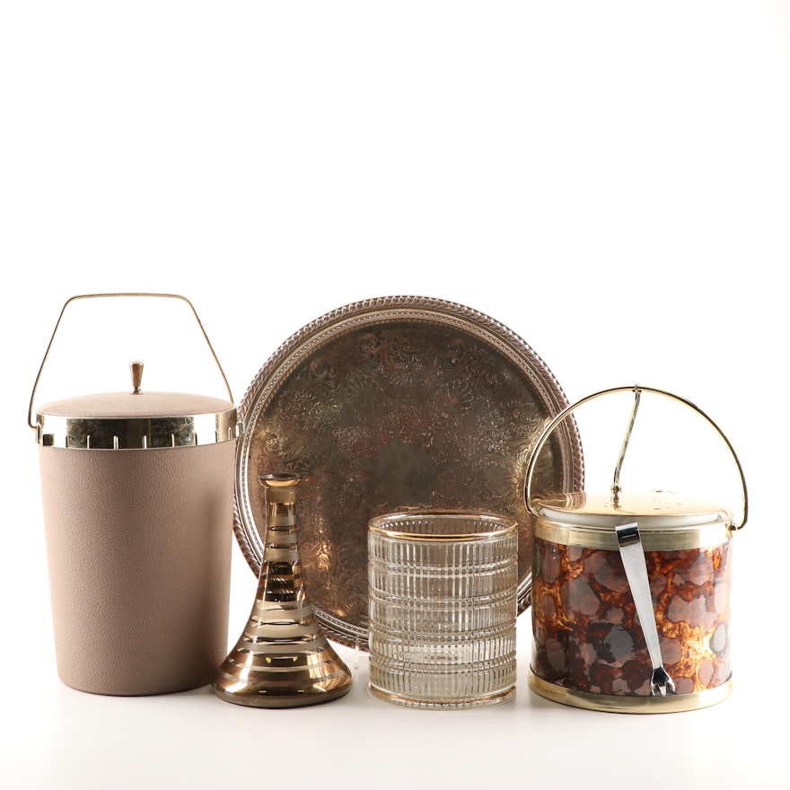 Ice Buckets, Decanter and Engraved Silver Plated Gallery Tray, Mid 20th Century