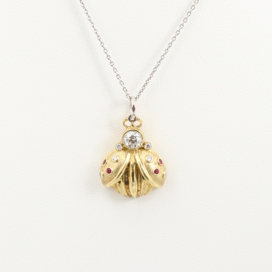 18K Yellow And White Gold Diamond and Ruby Ladybug Pendant Necklace
