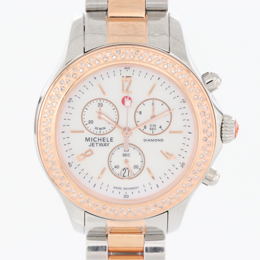 Michele Jetway Two Tone Diamond Bezel Quartz Chronograph Wristwatch