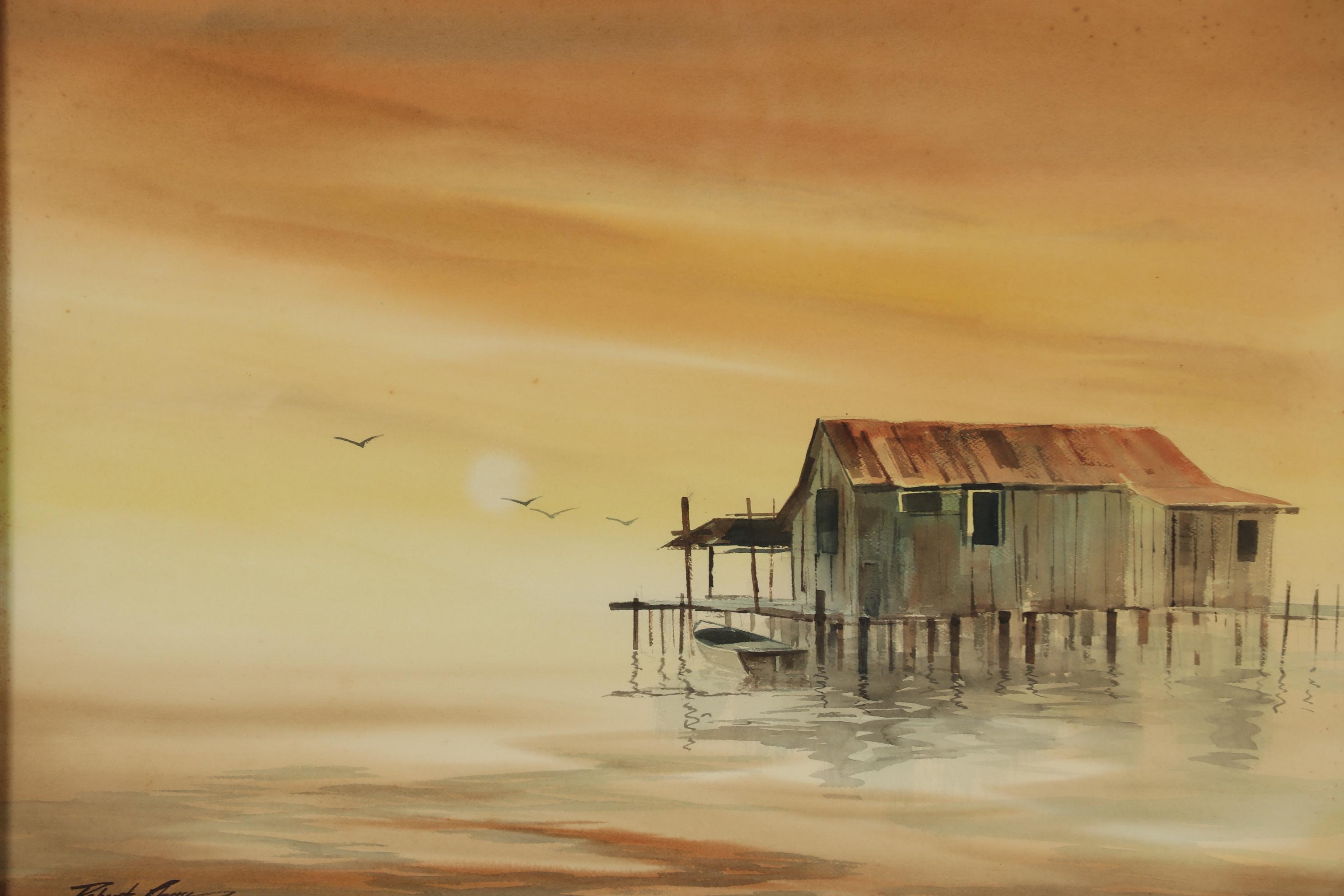 Robert Chase Watercolor Painting of Sunset Harbor Scene