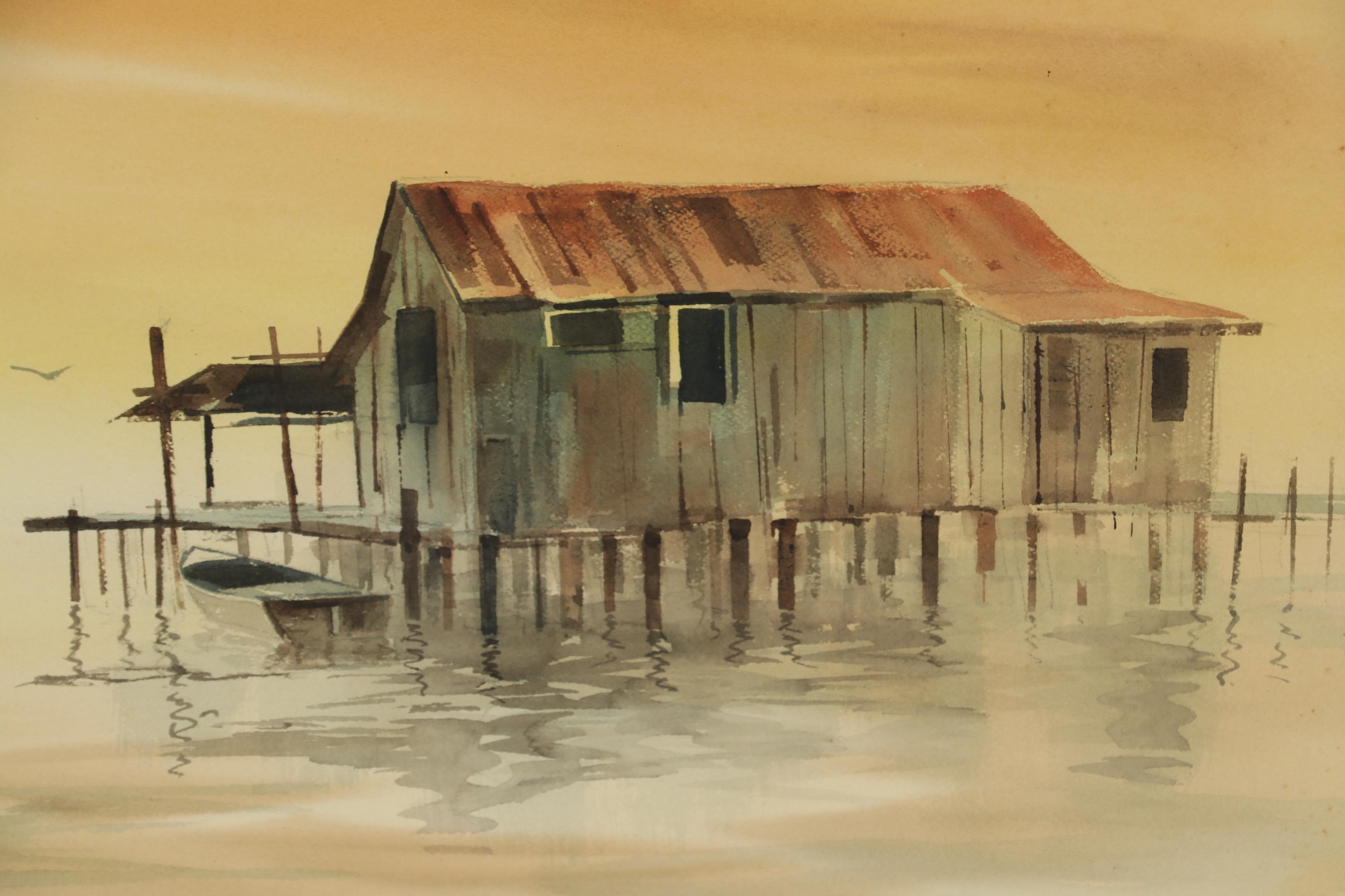 Robert Chase Watercolor Painting of Sunset Harbor Scene