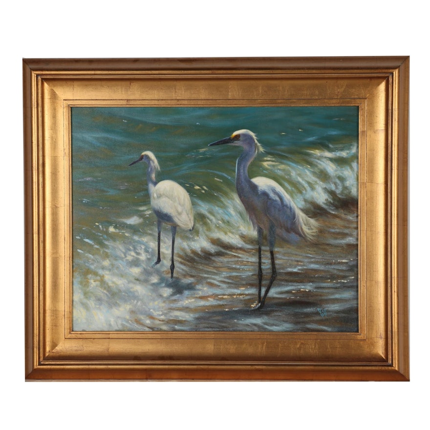 Tiffany Maser Oil Painting of Snowy Egrets
