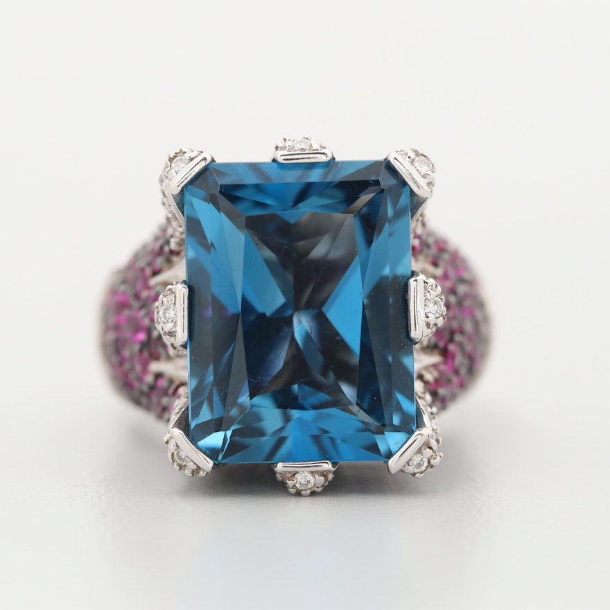 Sonia B. 14K White Gold Blue Topaz, Diamond, and Ruby Ring