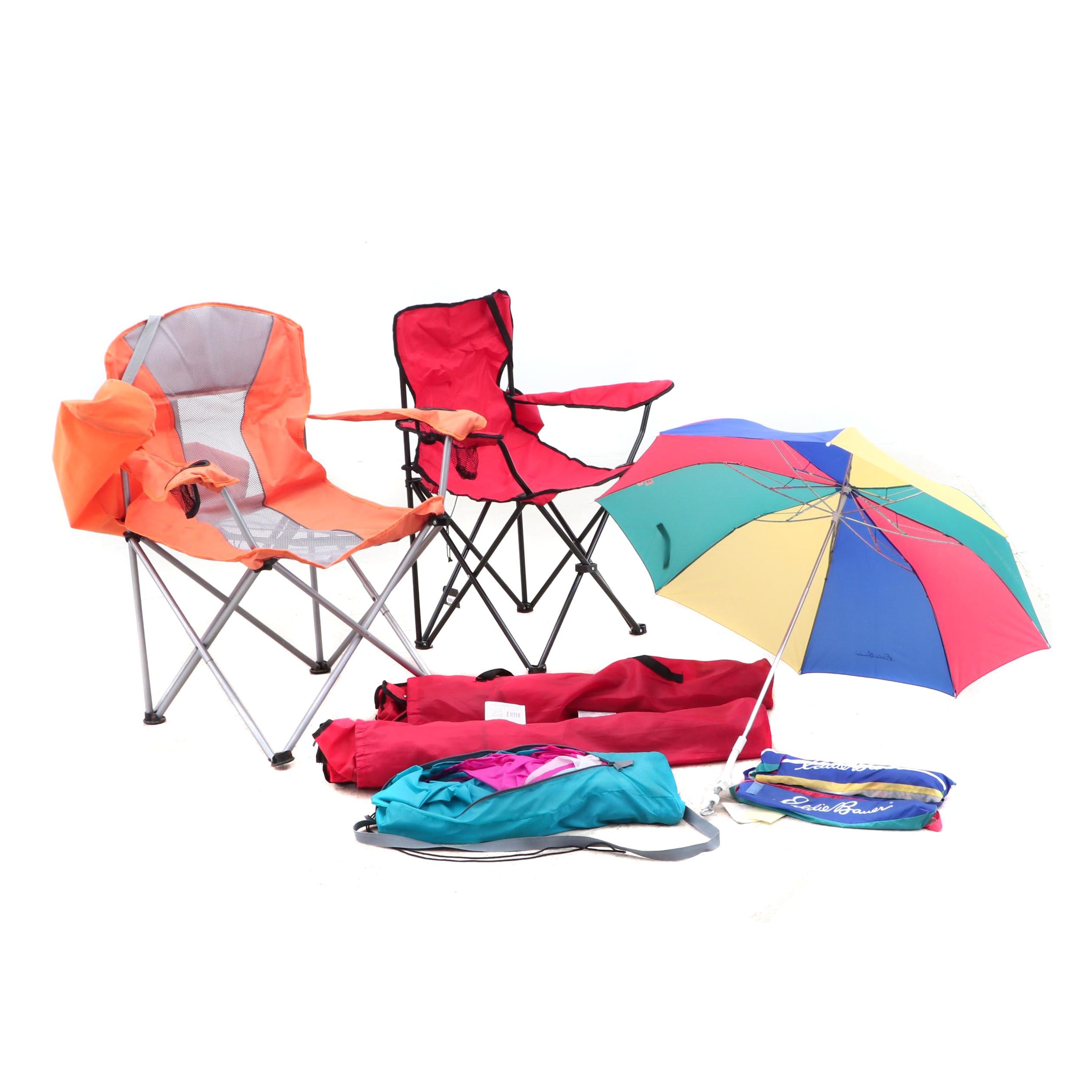 Ozark Trail, Glaciers Edge Folding Chairs with Eddie Bauer Umbrellas and Cabana