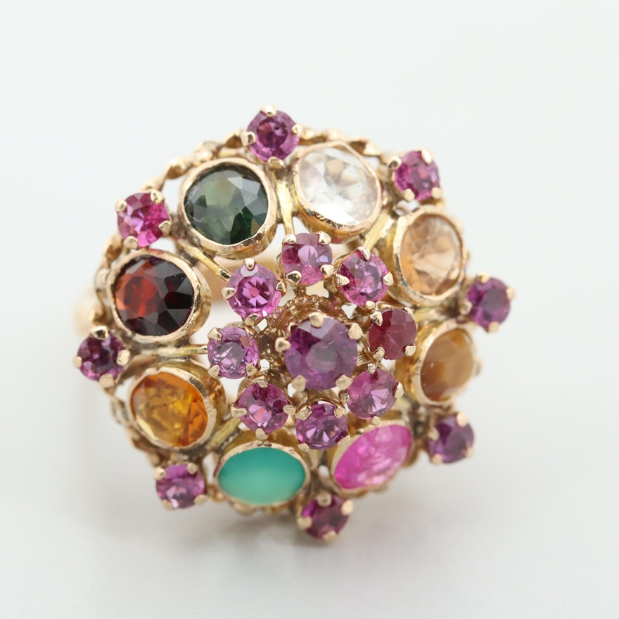 14K Yellow Gold Ruby and Multi-Colored Gemstone Dome Ring