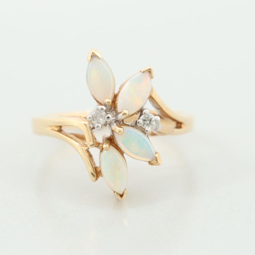 14K Yellow Gold Opal and Diamond Ring