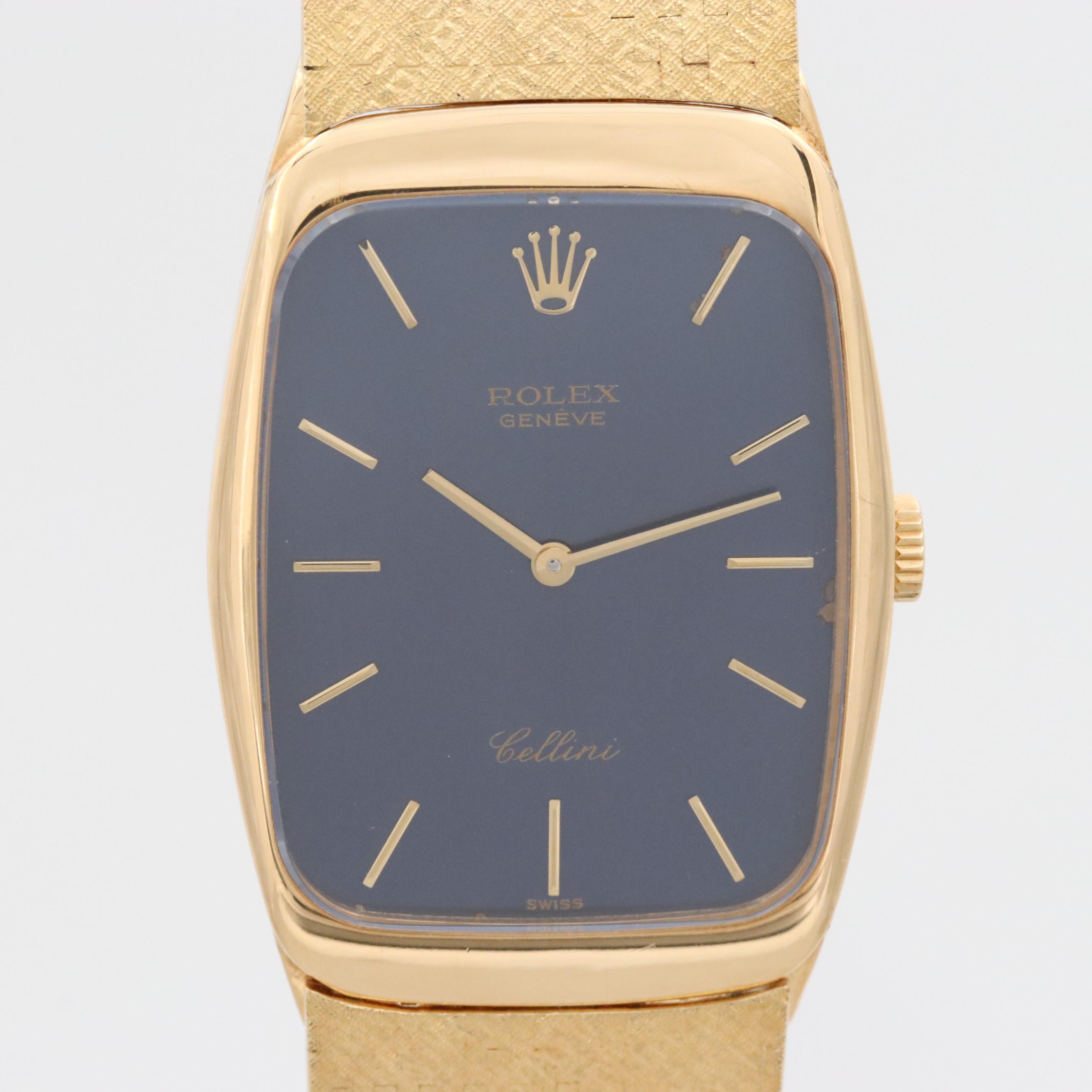Rolex Cellini 18K Yellow Gold Stem Wind Watch With Blue Dial