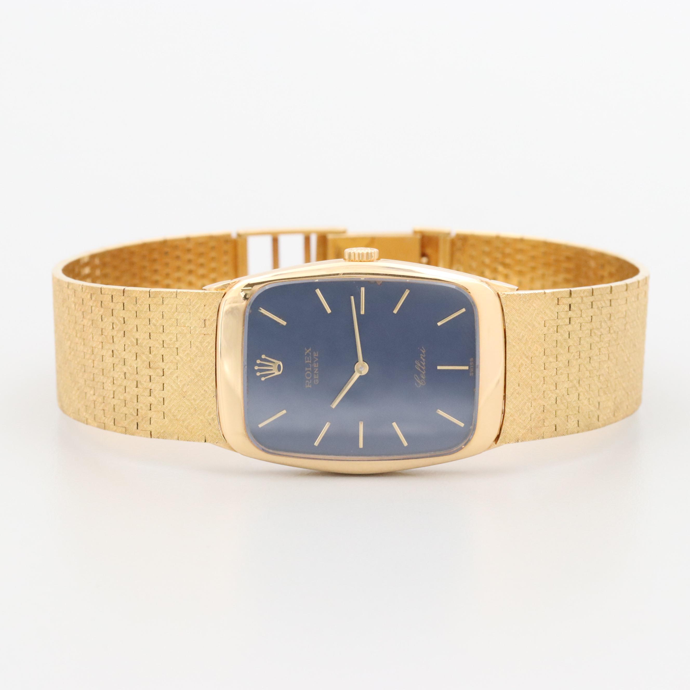 Rolex Cellini 18K Yellow Gold Stem Wind Watch With Blue Dial