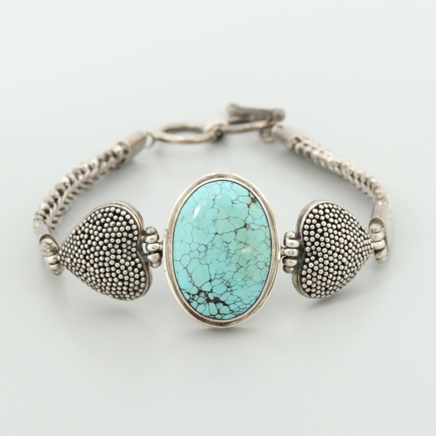 Sterling Silver Turquoise Bracelet with Heart Accents