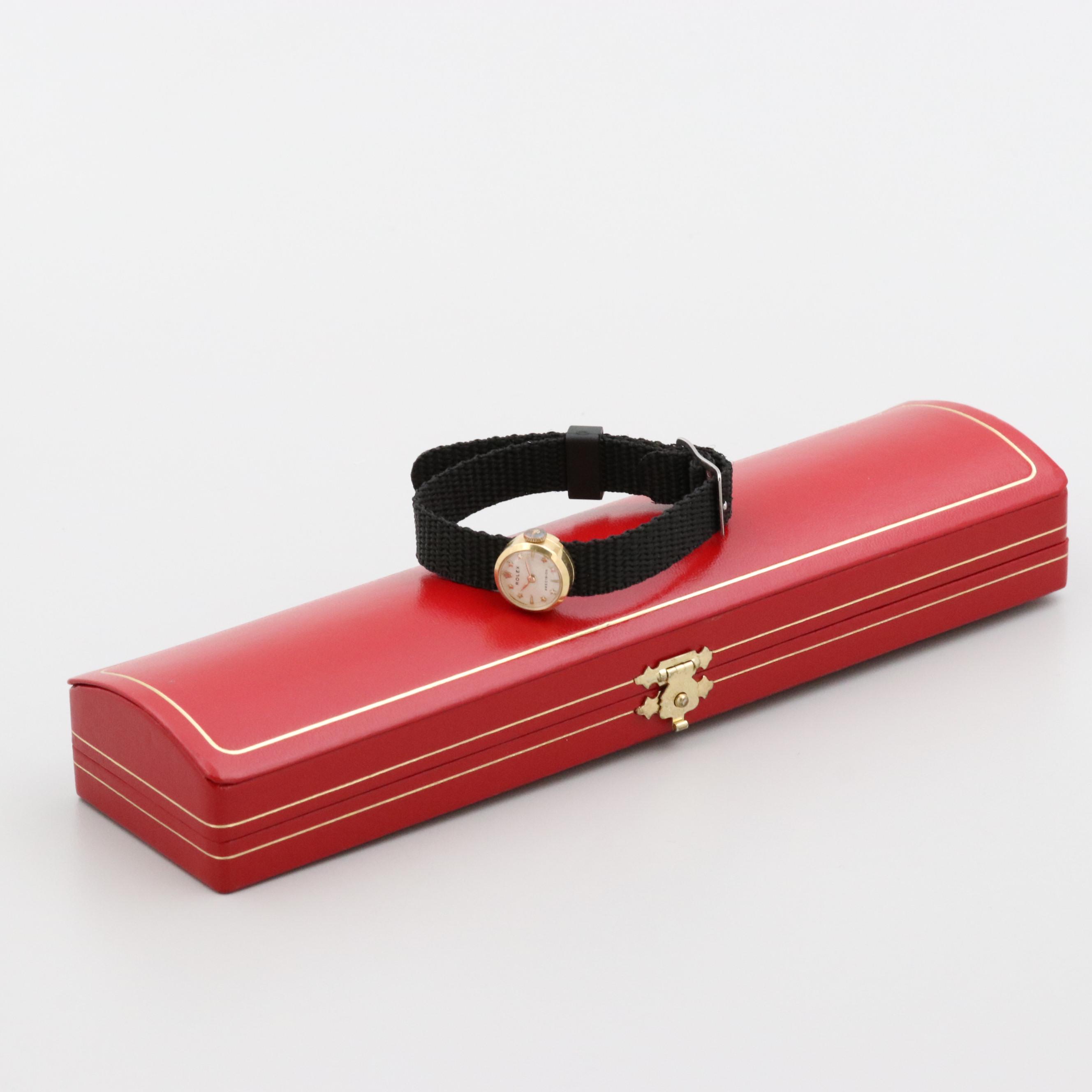 Vintage Rolex Precision Orchid Chameleon 18K Gold Stem Wind Watch, 1950s