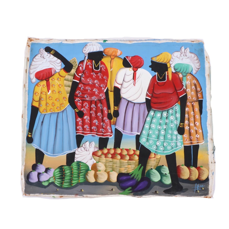 Hatian Folk Art Painting of Woman with Produce