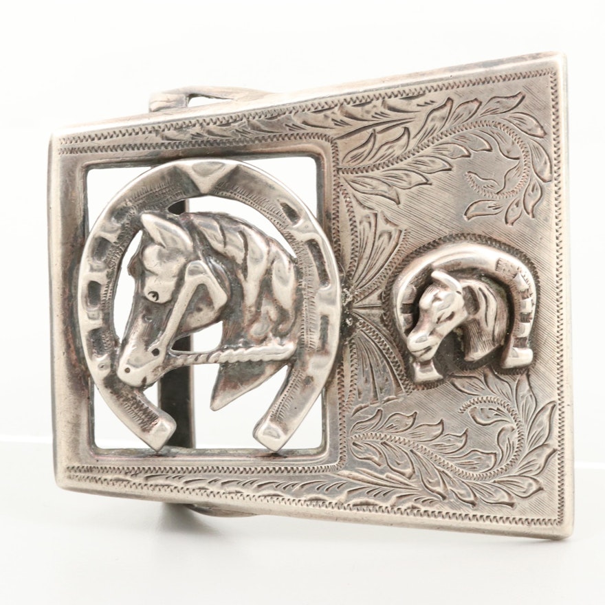 Mexican Sterling Silver Equestrian Horse Belt Buckle