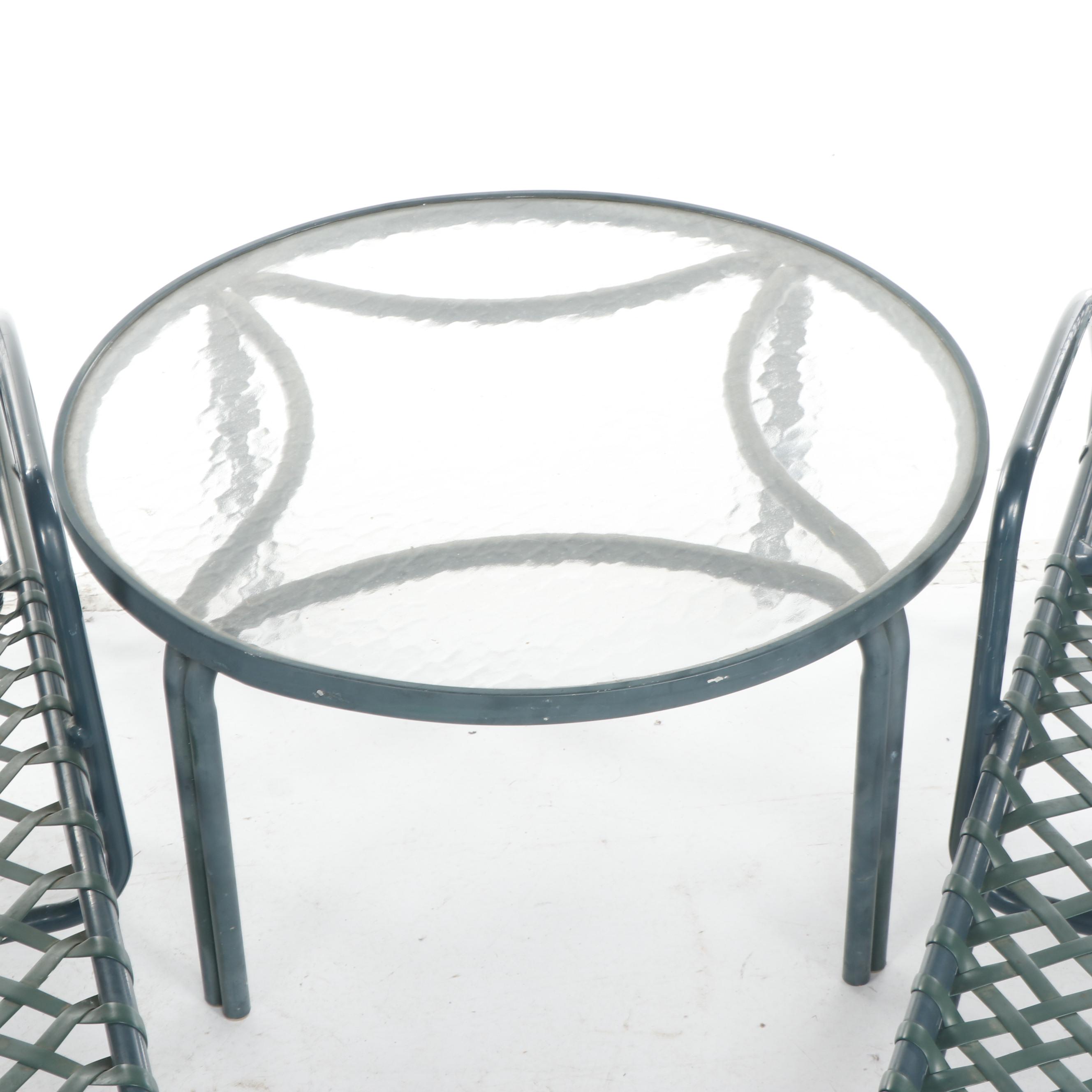 Brown Jordan Green Metal Patio Lounge Chairs with Glass Top Cocktail Table