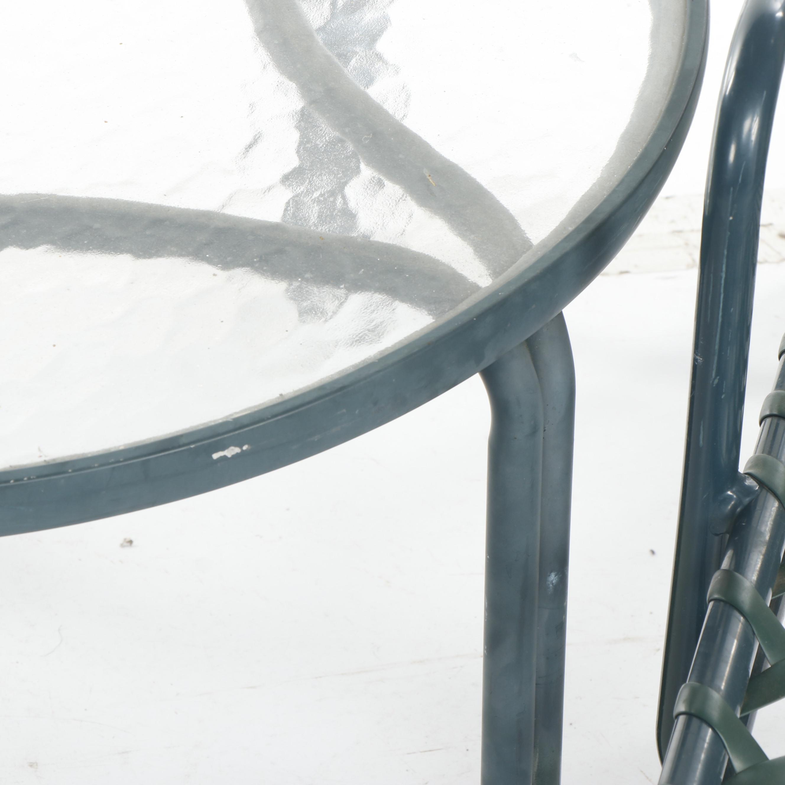 Brown Jordan Green Metal Patio Lounge Chairs with Glass Top Cocktail Table