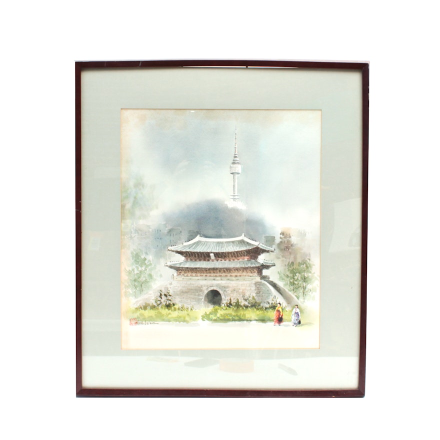 Hoe Won Watercolor of Palace and Seoul Tower