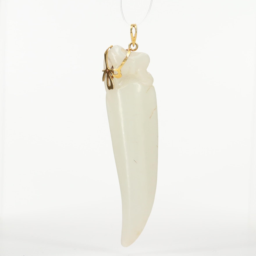 14K Yellow Gold Bowenite Carved Horn Pendant