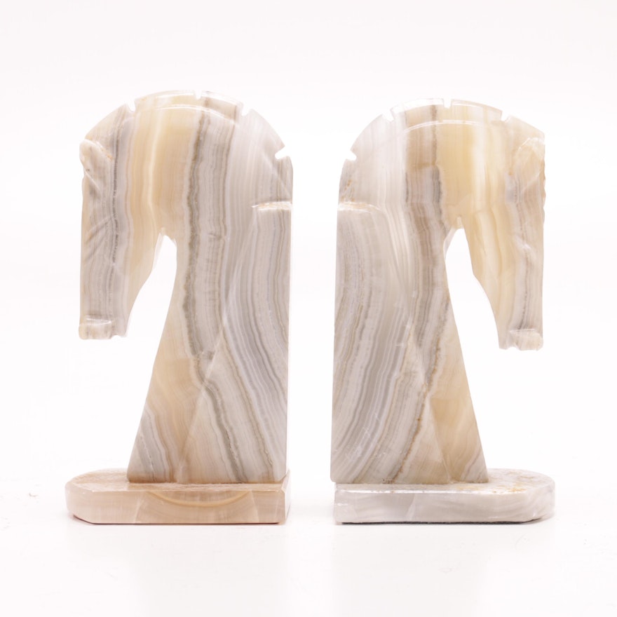 Banded Calcite Horse Head Bookends, Mid to Late 20th Century