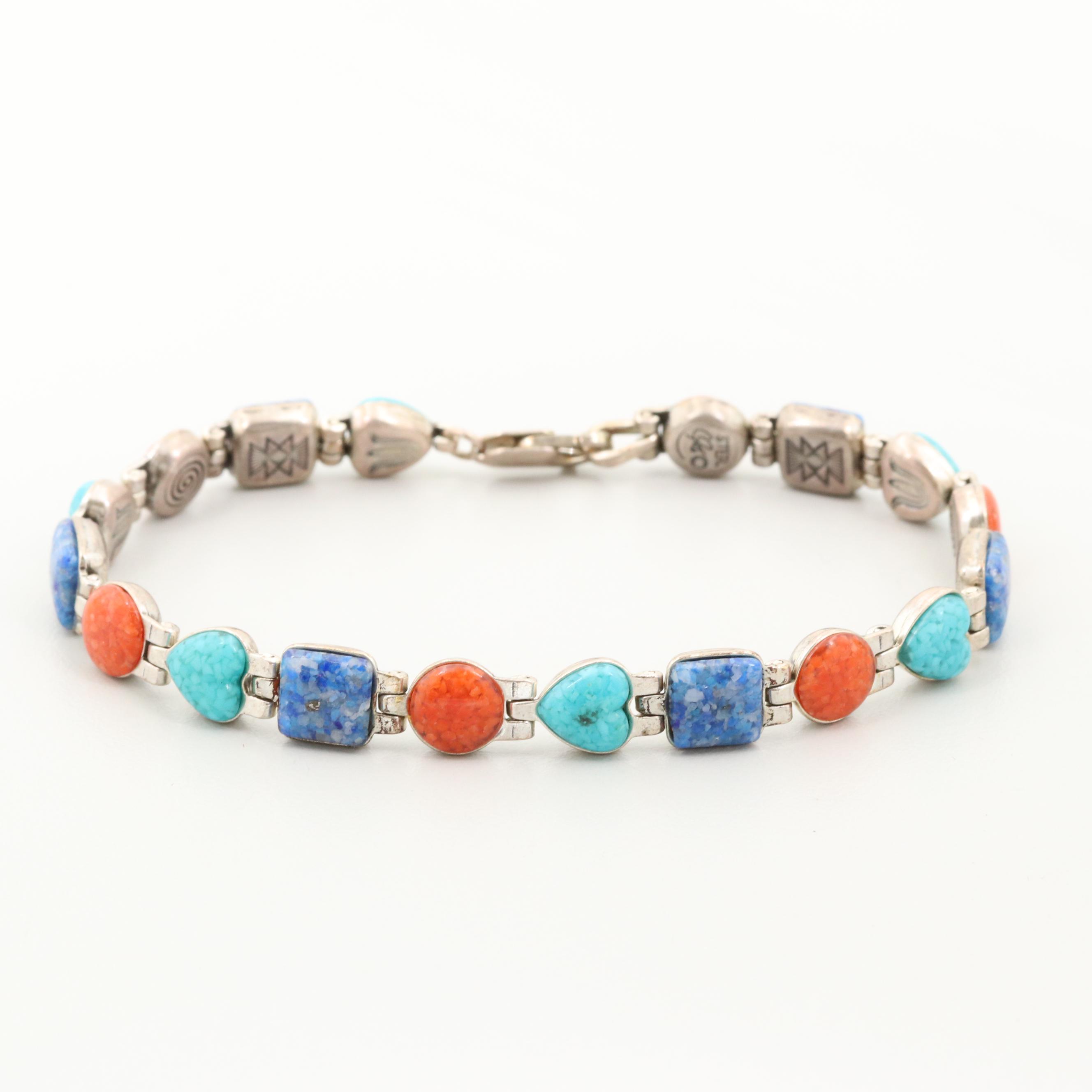 Caroline Pollock Sterling Silver Turquoise, Coral and Lapis Lazuli Bracelet