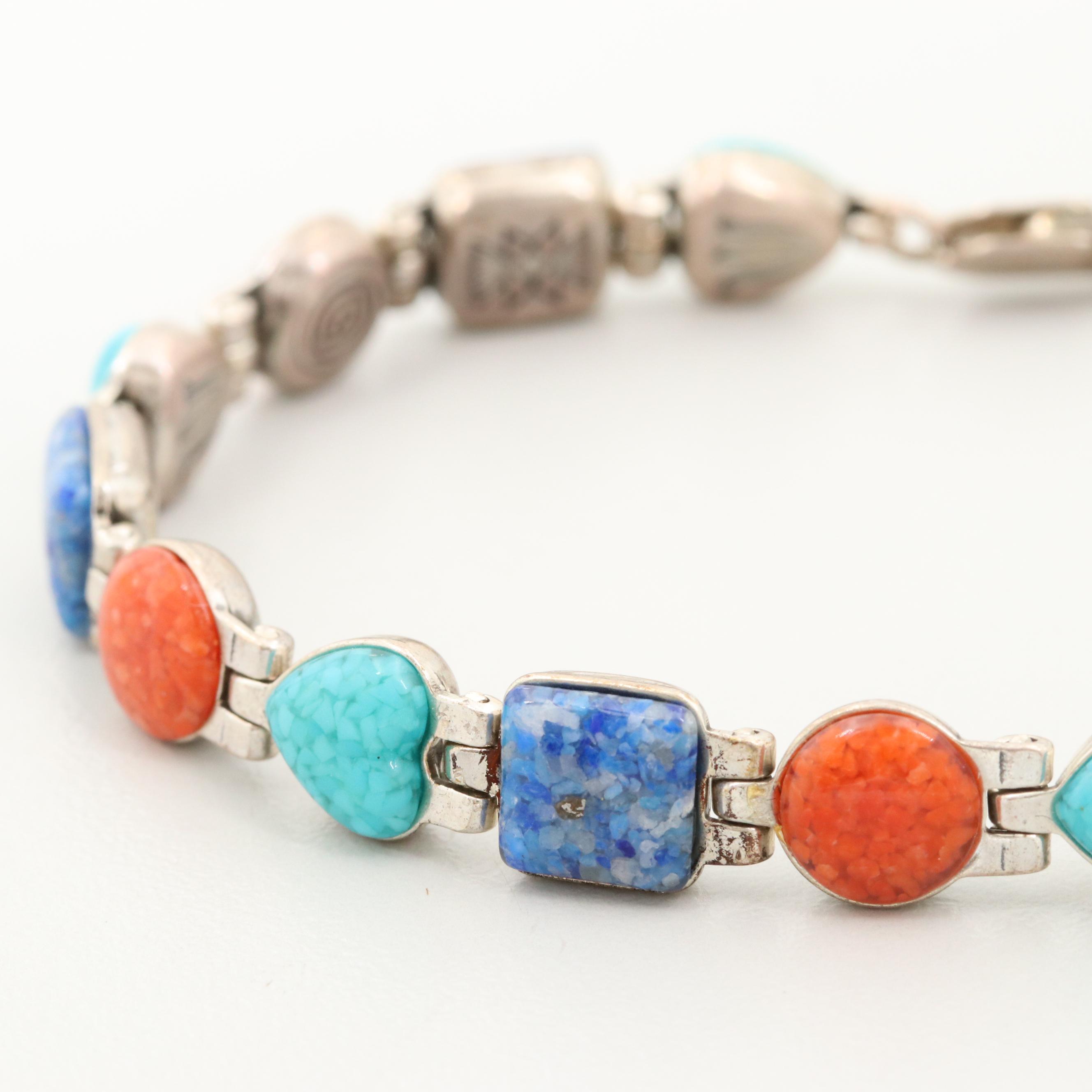 Caroline Pollock Sterling Silver Turquoise, Coral and Lapis Lazuli Bracelet