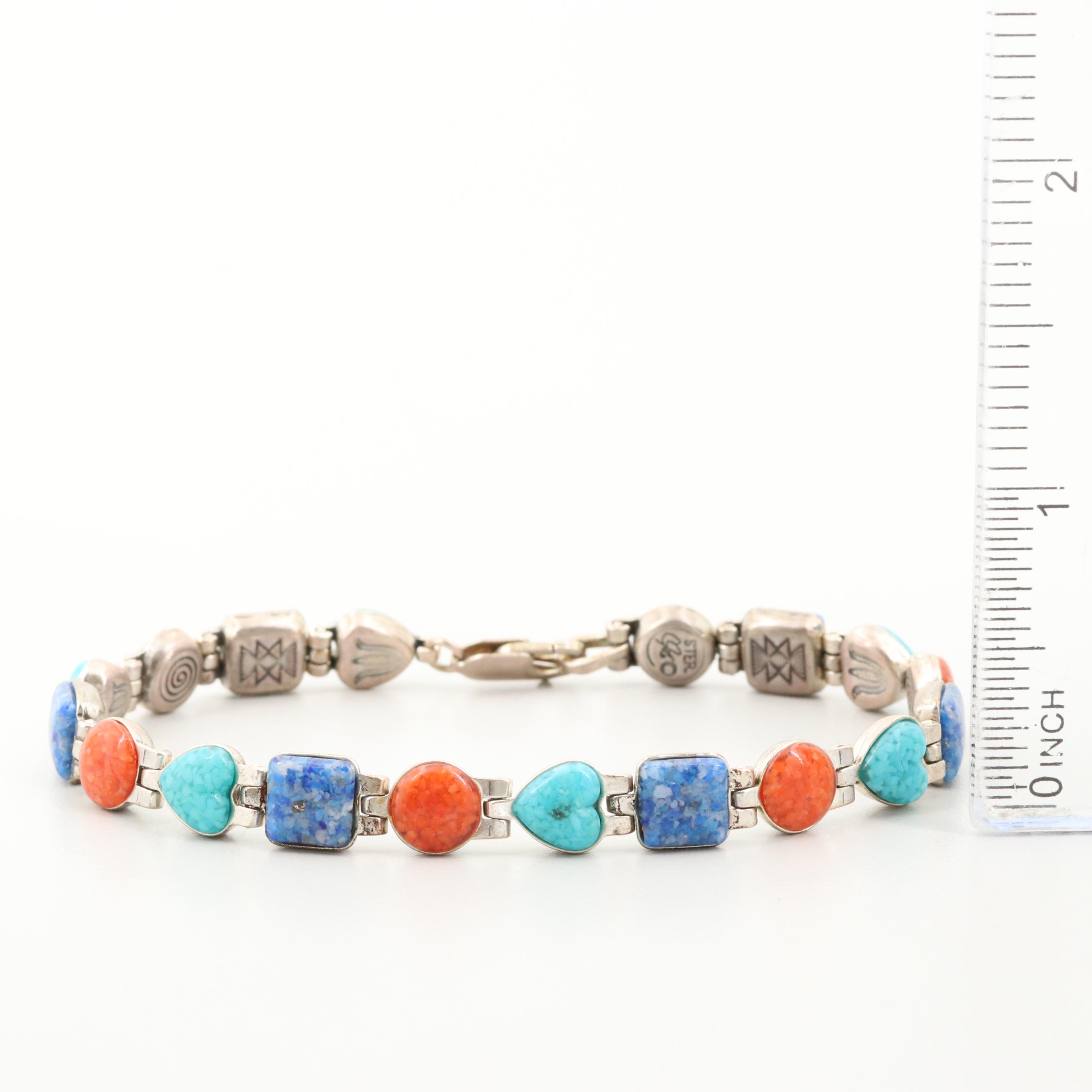 Caroline Pollock Sterling Silver Turquoise, Coral and Lapis Lazuli Bracelet