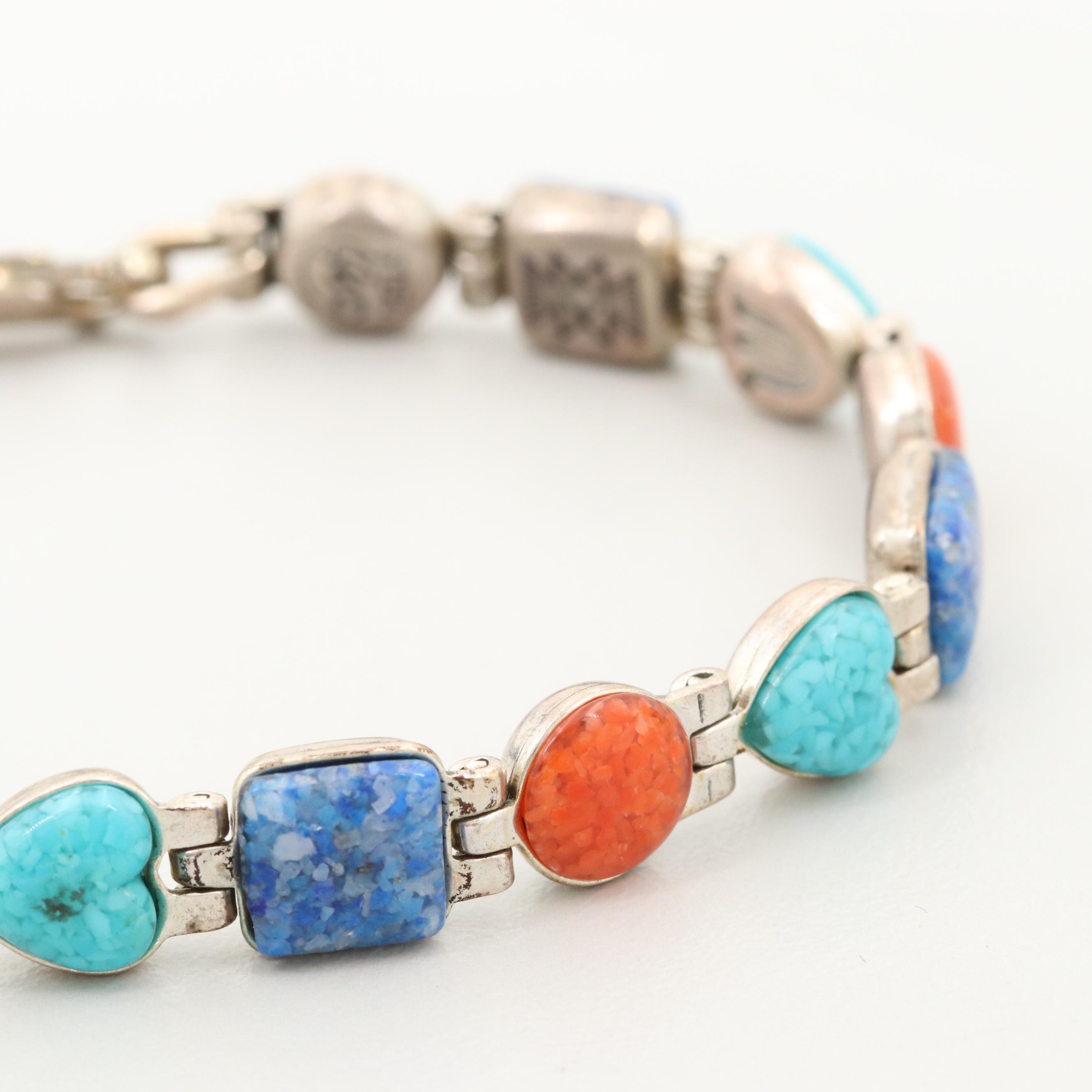 Caroline Pollock Sterling Silver Turquoise, Coral and Lapis Lazuli Bracelet