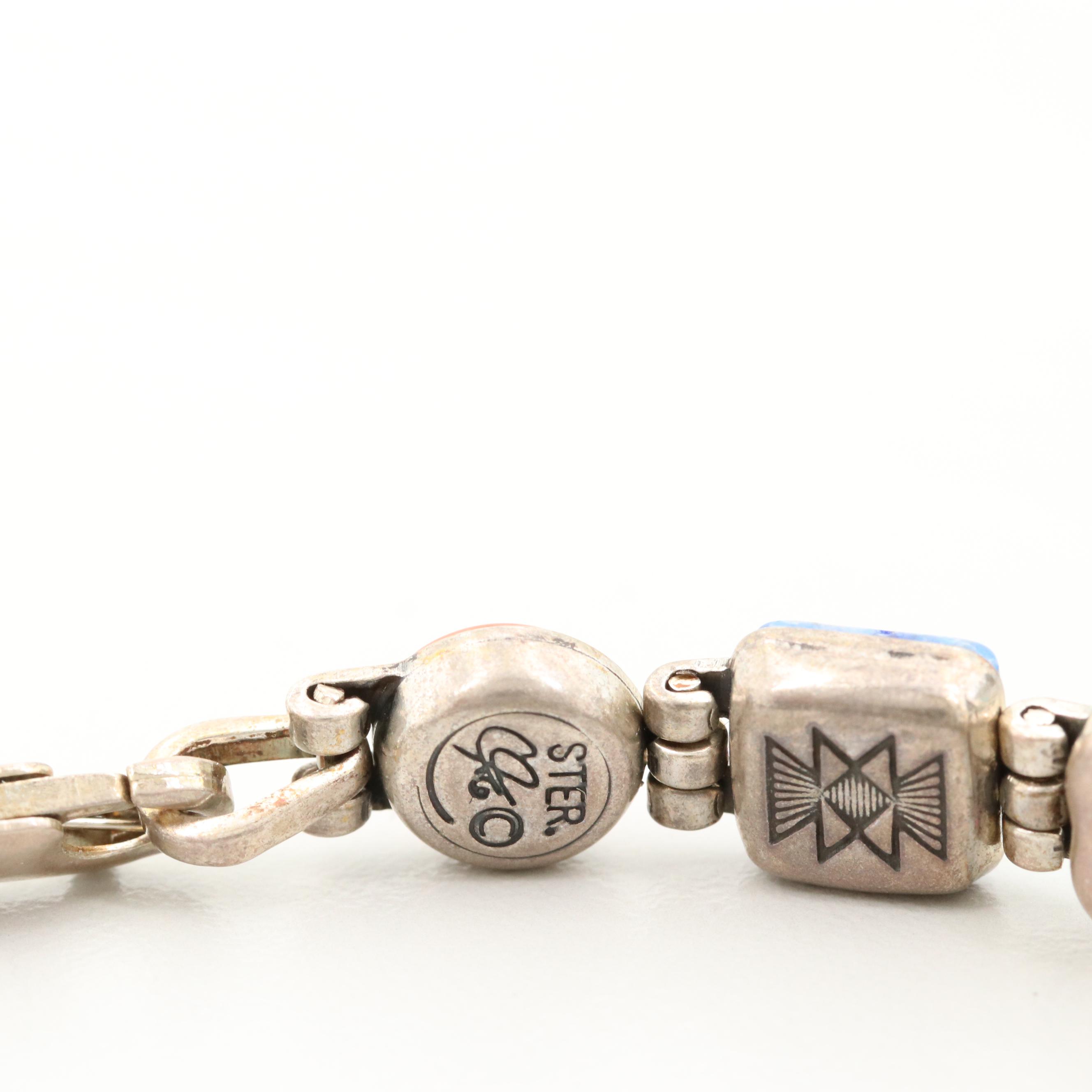 Caroline Pollock Sterling Silver Turquoise, Coral and Lapis Lazuli Bracelet