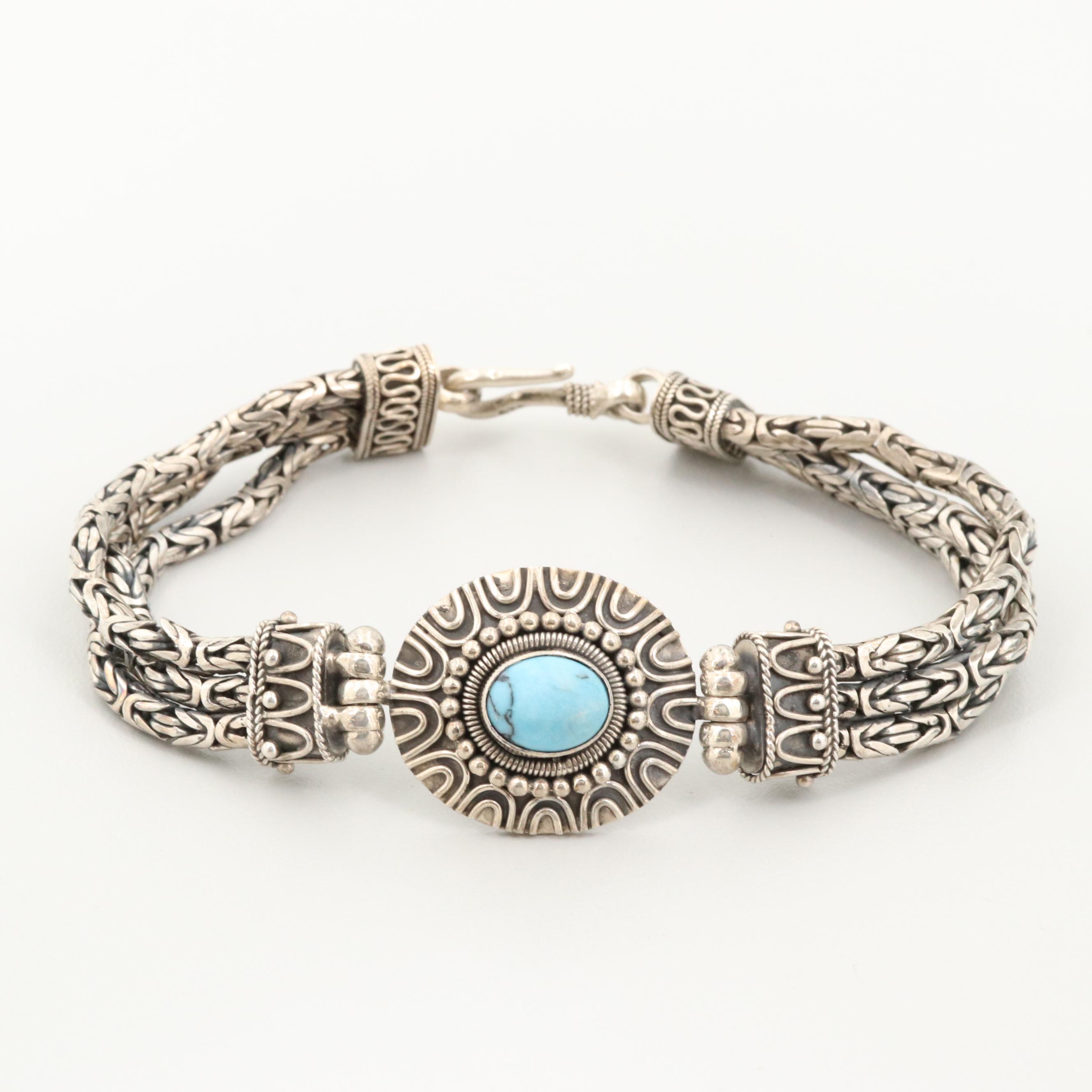 Southwestern Sterling Silver Turquoise Triad Byzantine Bracelet