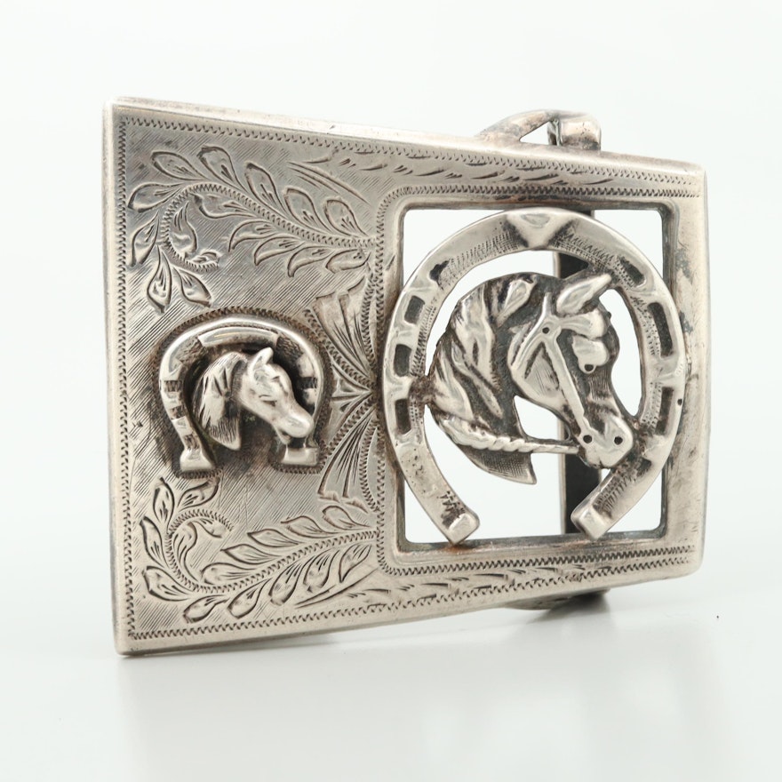 Sterling Silver Mexican Equestrian Motif Horse Belt Buckle