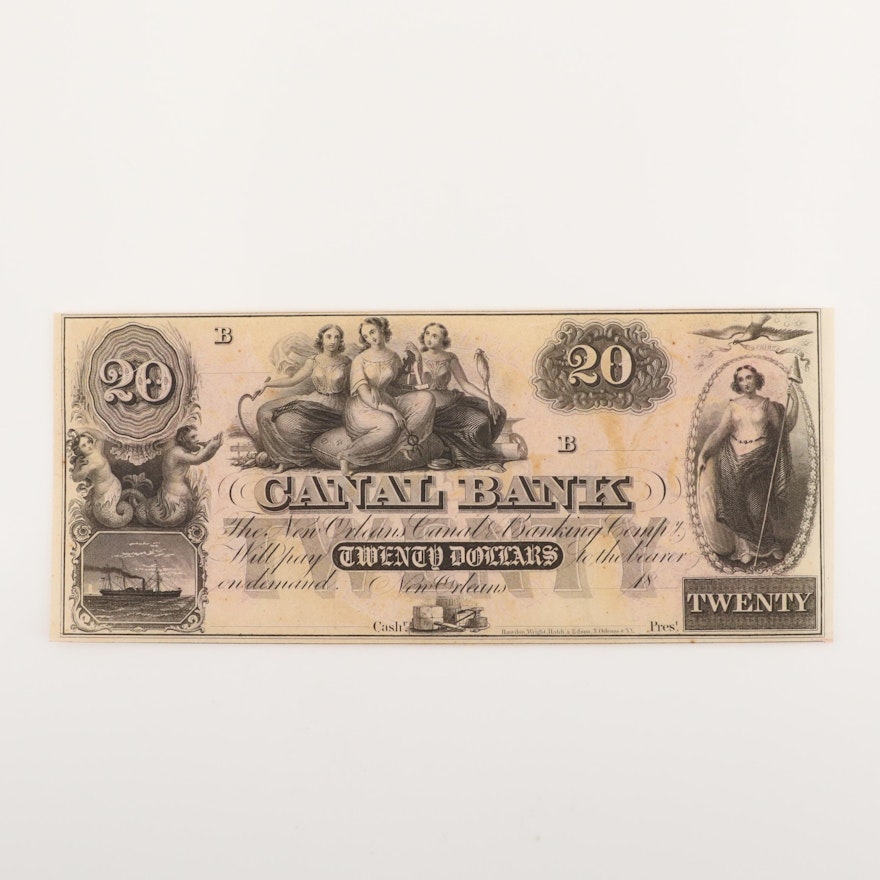 19th Century $20 Canal Bank of New Orleans Obsolete Currency Note