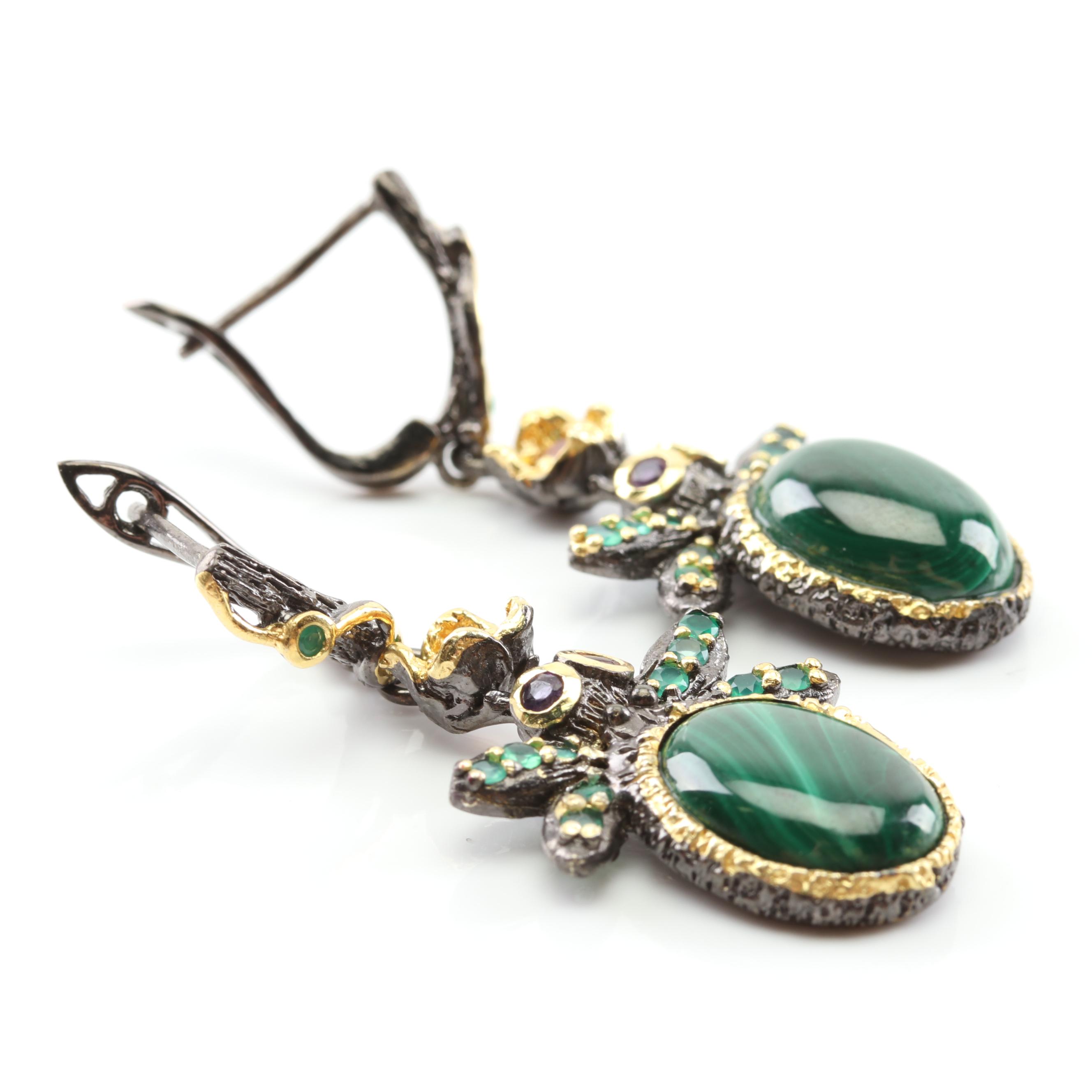 Sterling Silver Malachite and Multi-Gemstone Earrings