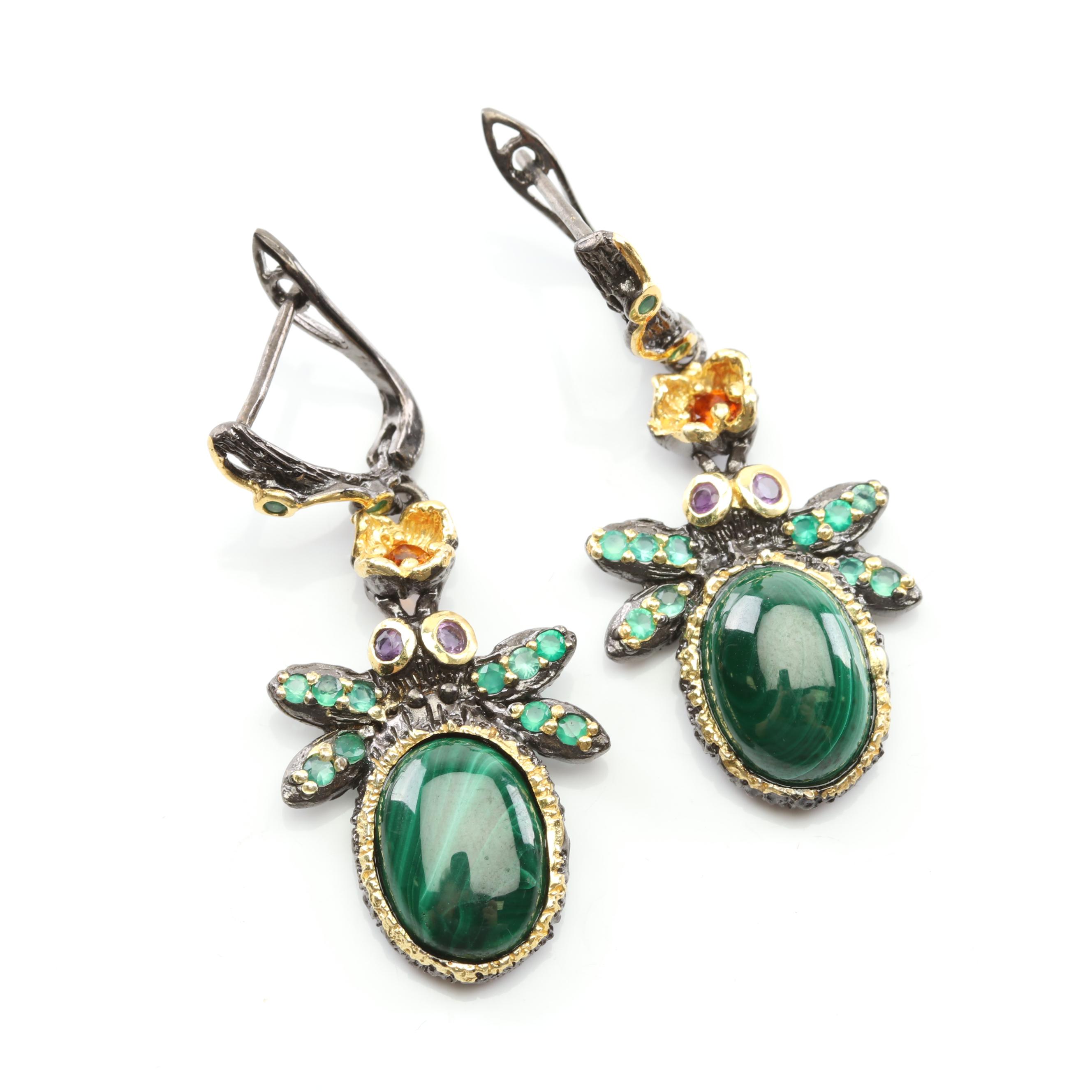 Sterling Silver Malachite and Multi-Gemstone Earrings