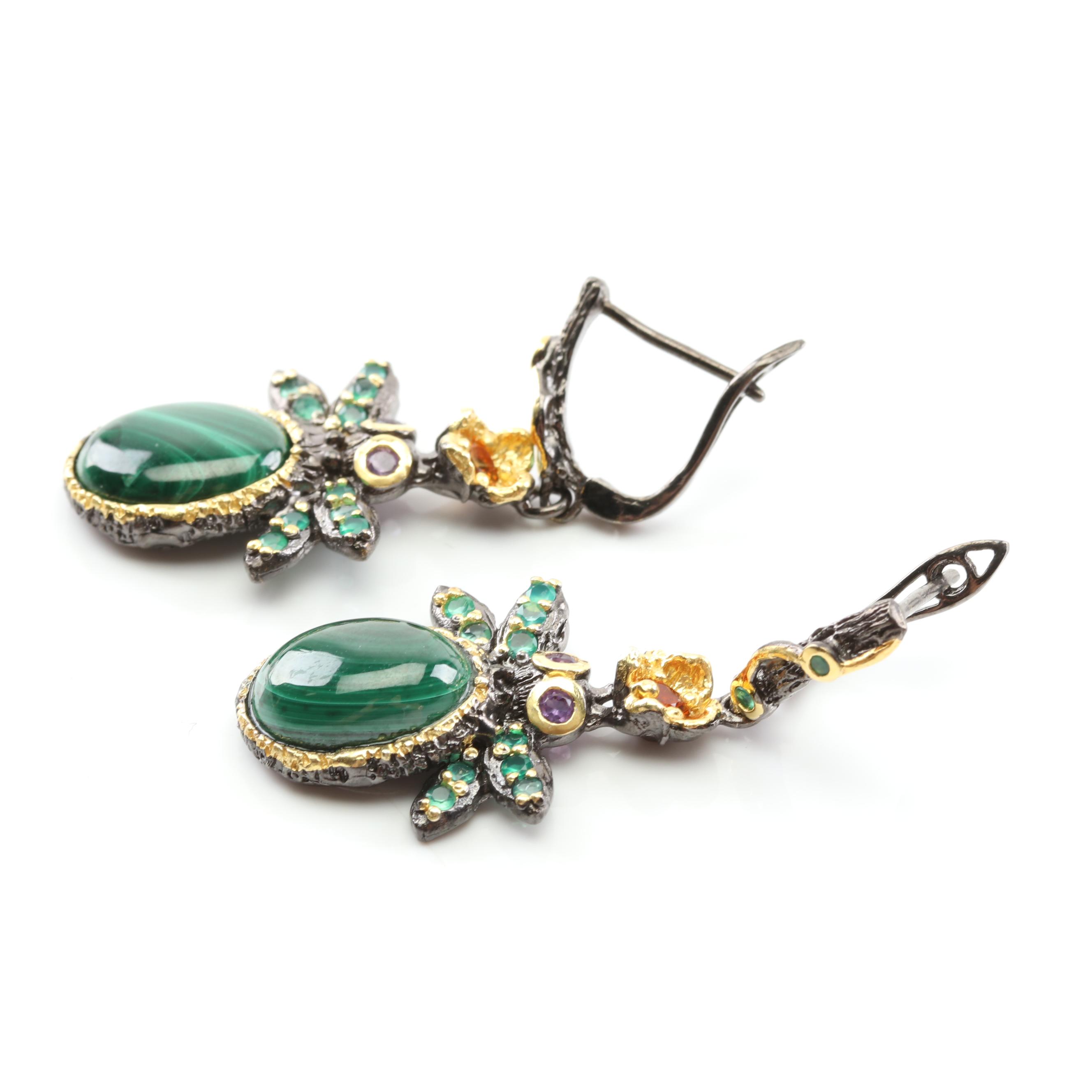 Sterling Silver Malachite and Multi-Gemstone Earrings