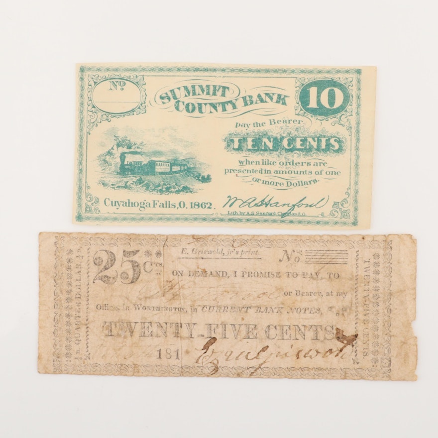 Two Obsolete Fraction Currency Notes Including Early 19th Century Note