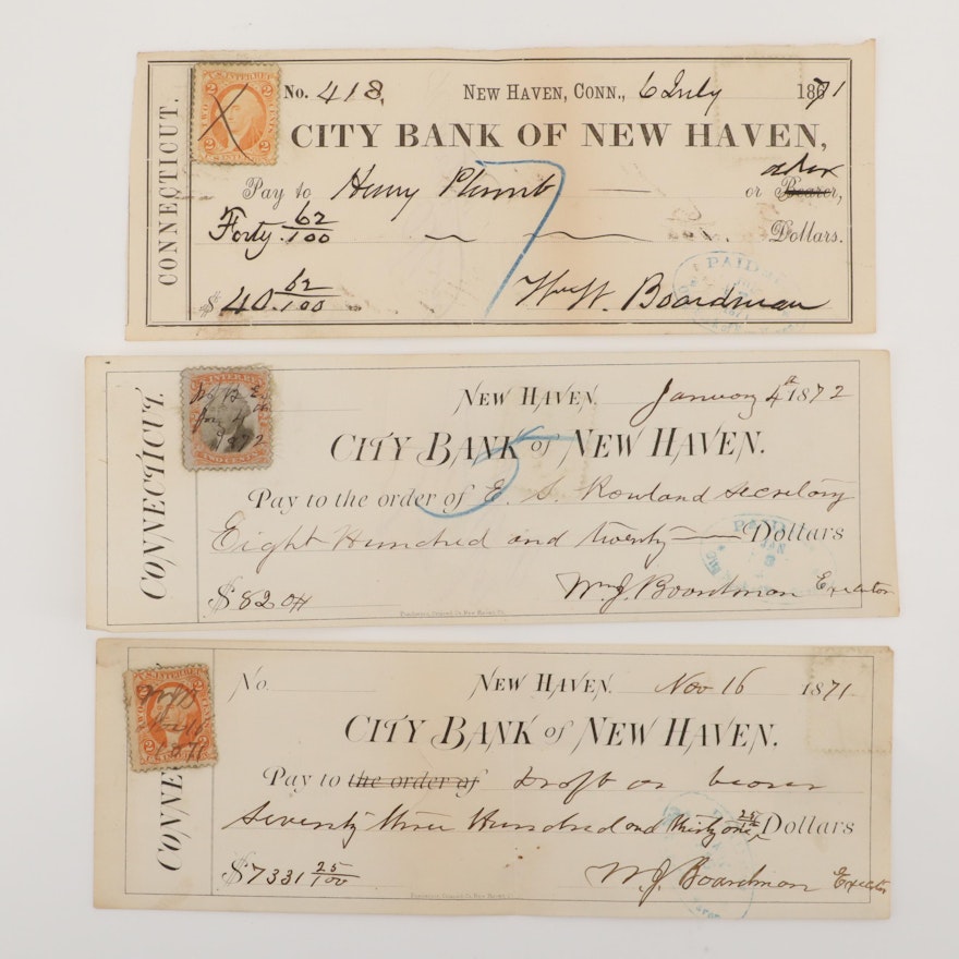 Three 19th Century Cancelled Bank Checks from New Haven, Connecticut