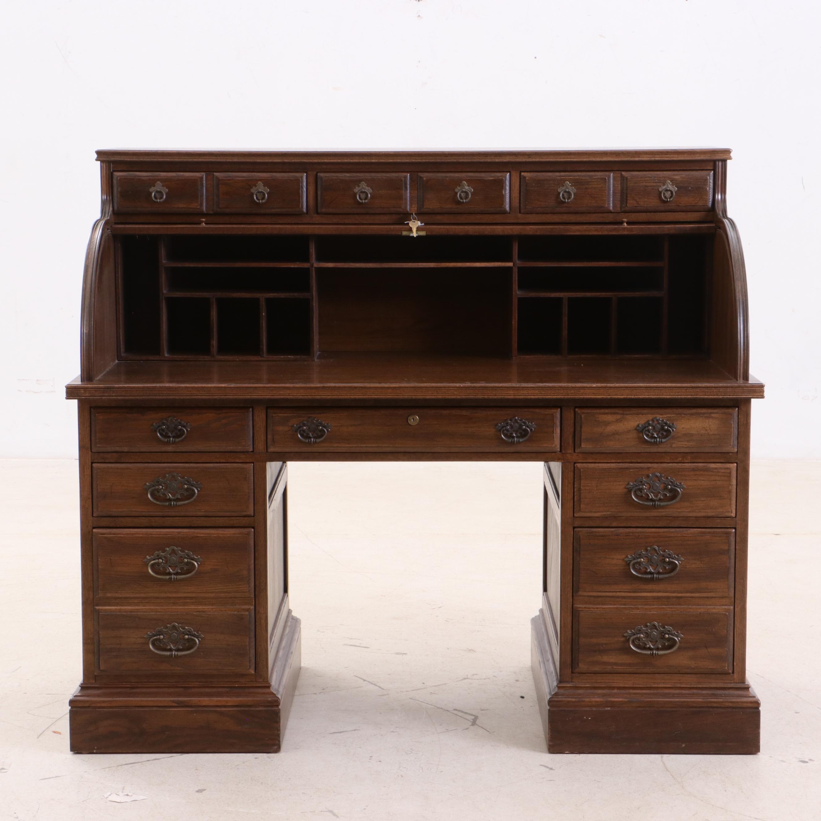 Ethan Allen Oak Roll-Top Desk, Late 20th Century