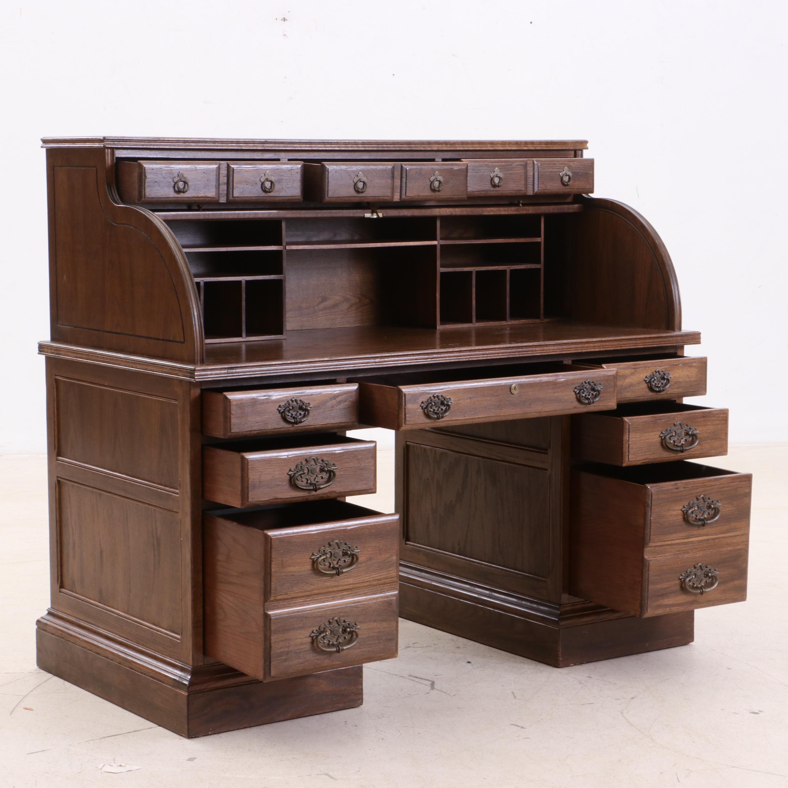 Ethan Allen Oak Roll-Top Desk, Late 20th Century