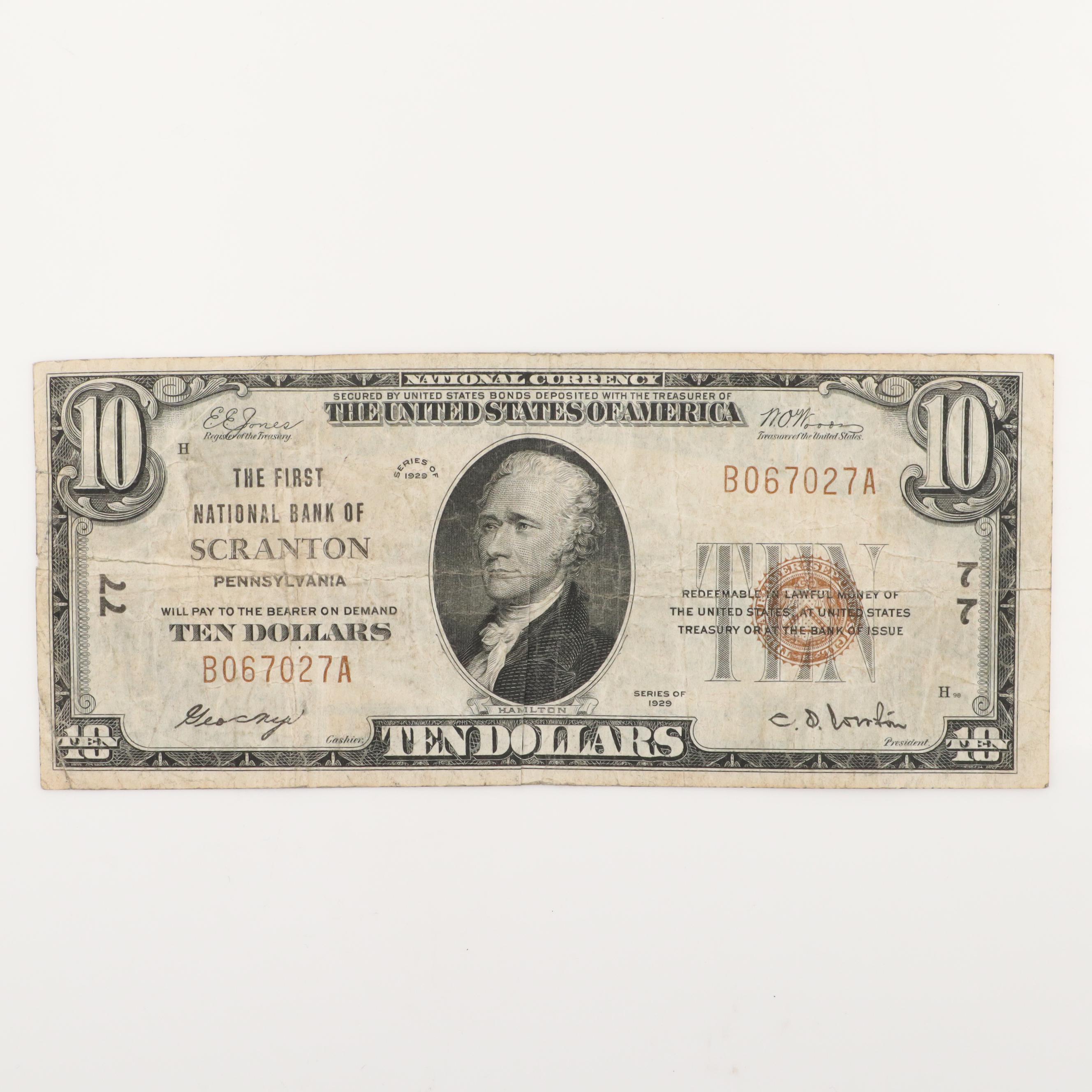 Series of 1929 $10 Federal Reserve National Currency Note, Scranton