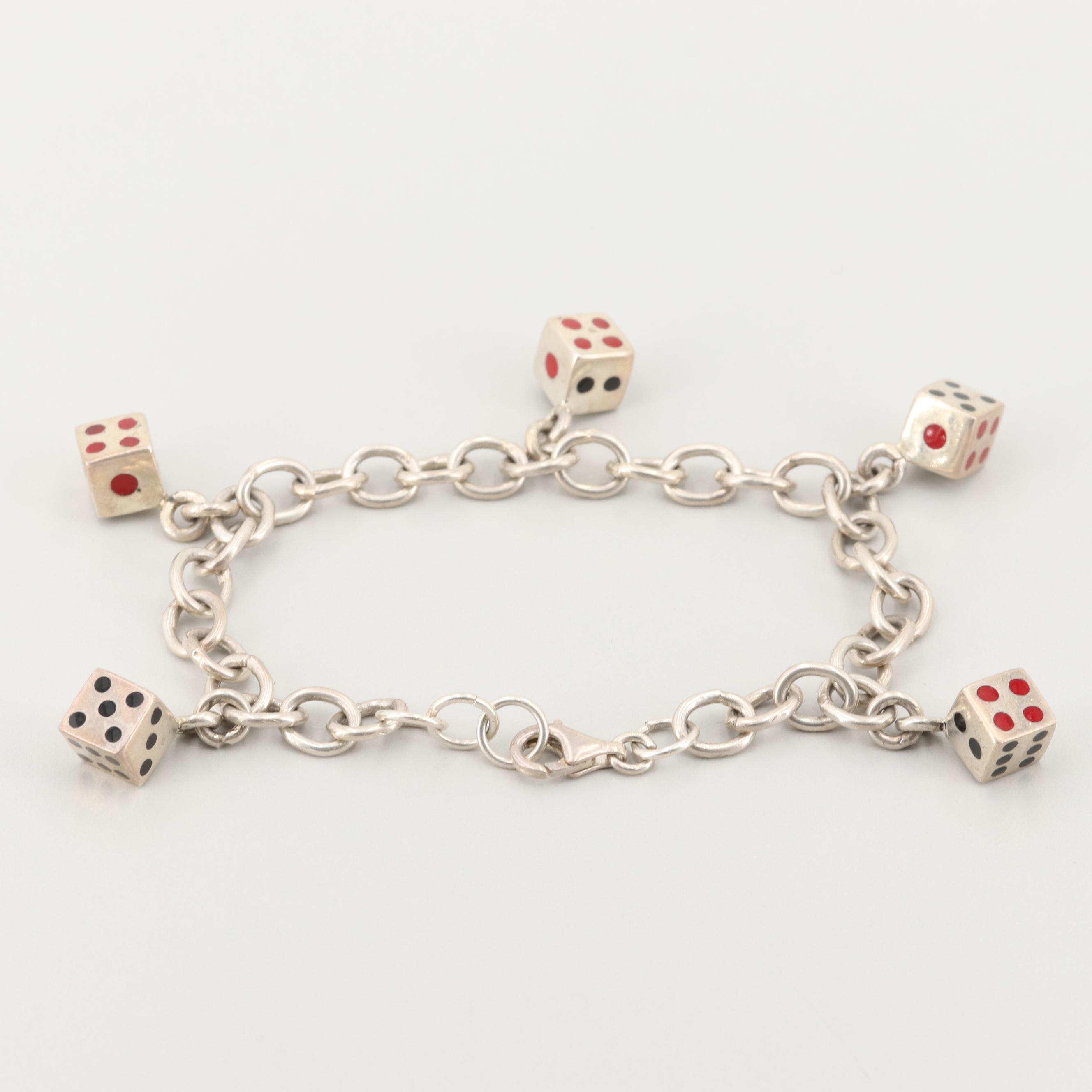 Vintage Sterling Silver Enamel Dice Charm Bracelet