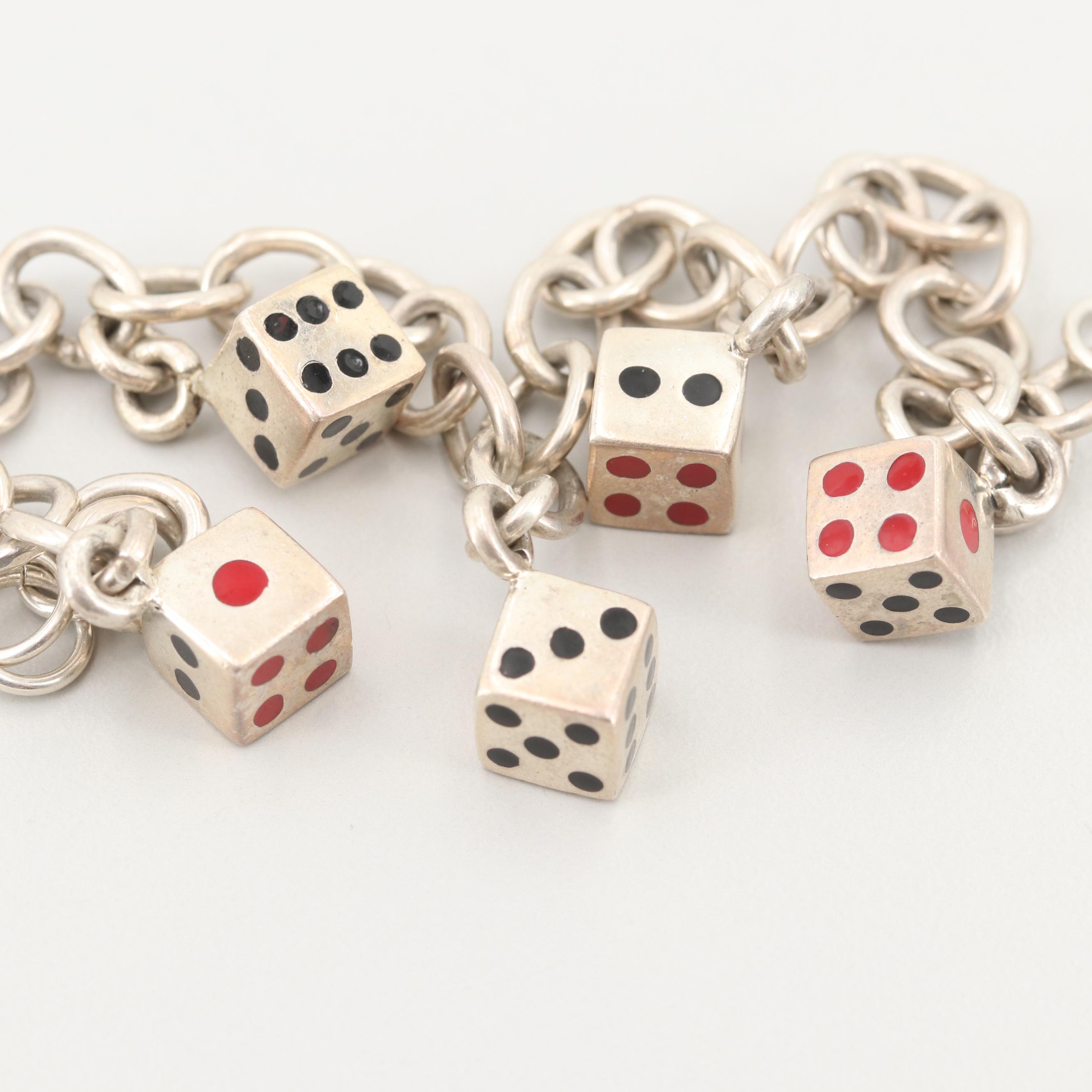 Vintage Sterling Silver Enamel Dice Charm Bracelet