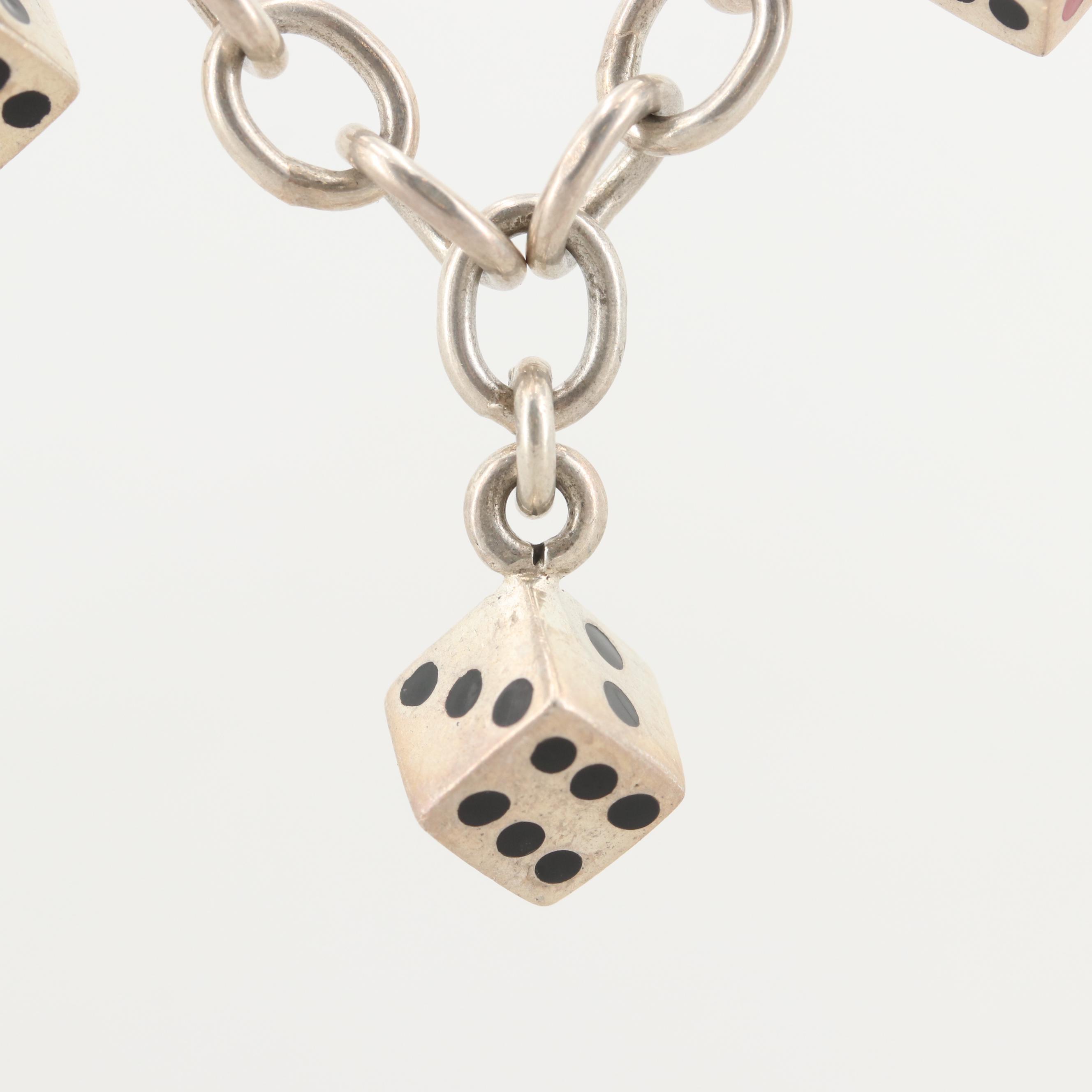 Vintage Sterling Silver Enamel Dice Charm Bracelet