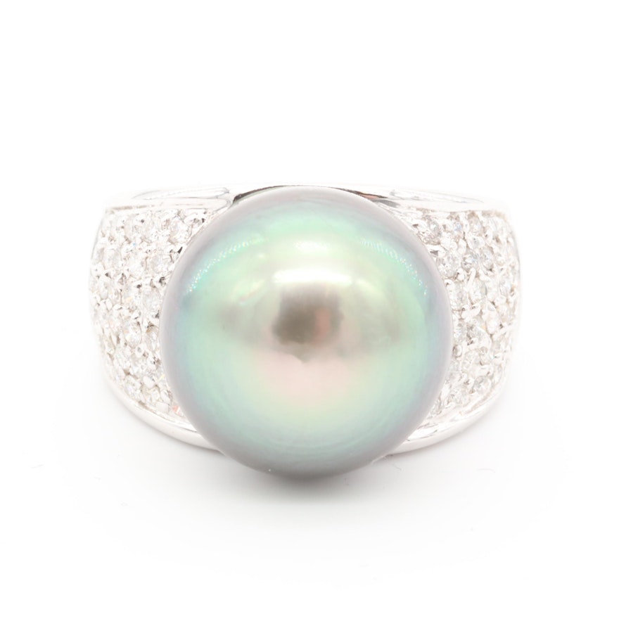 18K White Gold Cultured Pearl and Pavé Diamond Ring