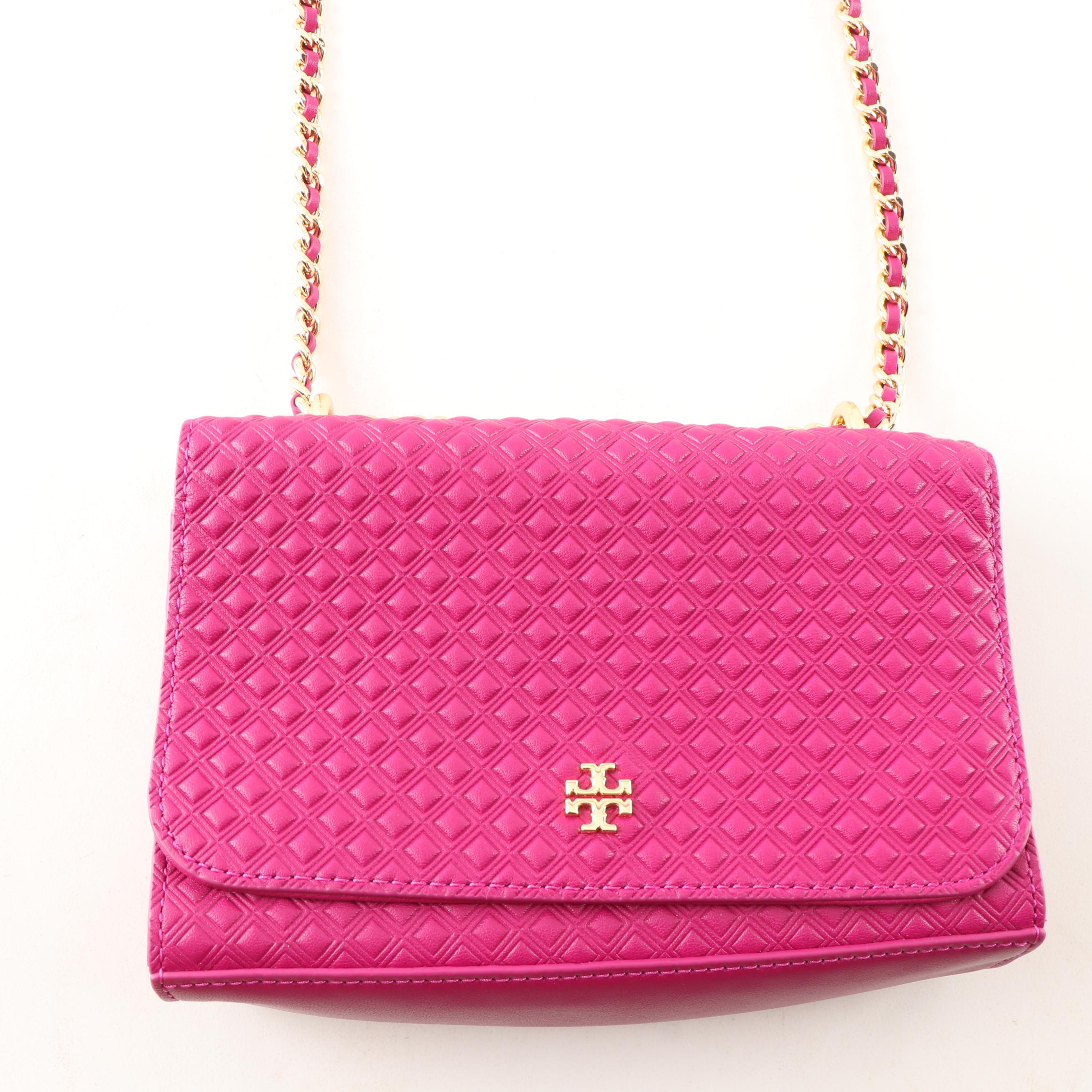 Tory Burch Marion Embossed Shrunken Shoulder Bag in Fuchsia