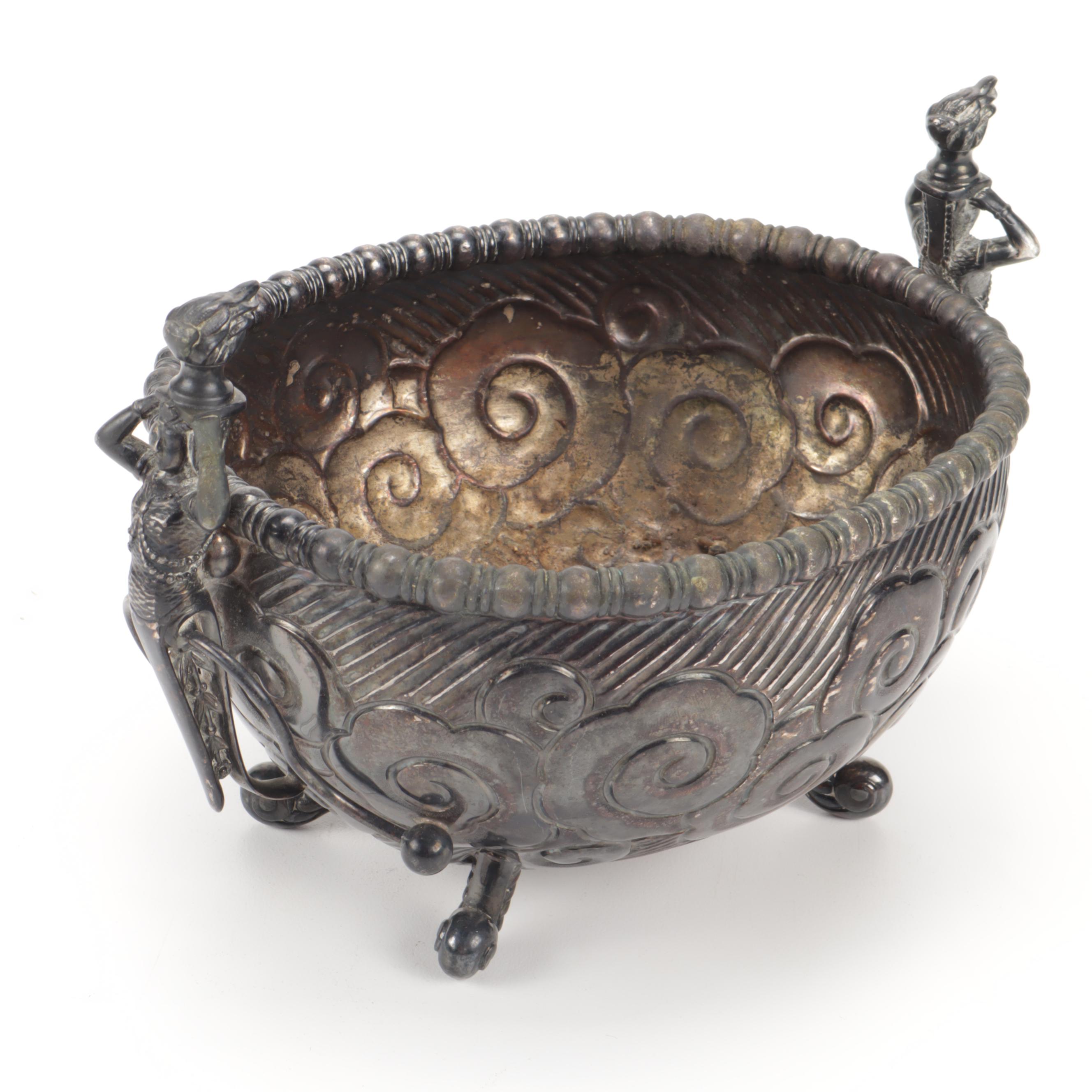 Meriden Silver Co. Silver Plate Bowl with Art Nouveau Figural Handles