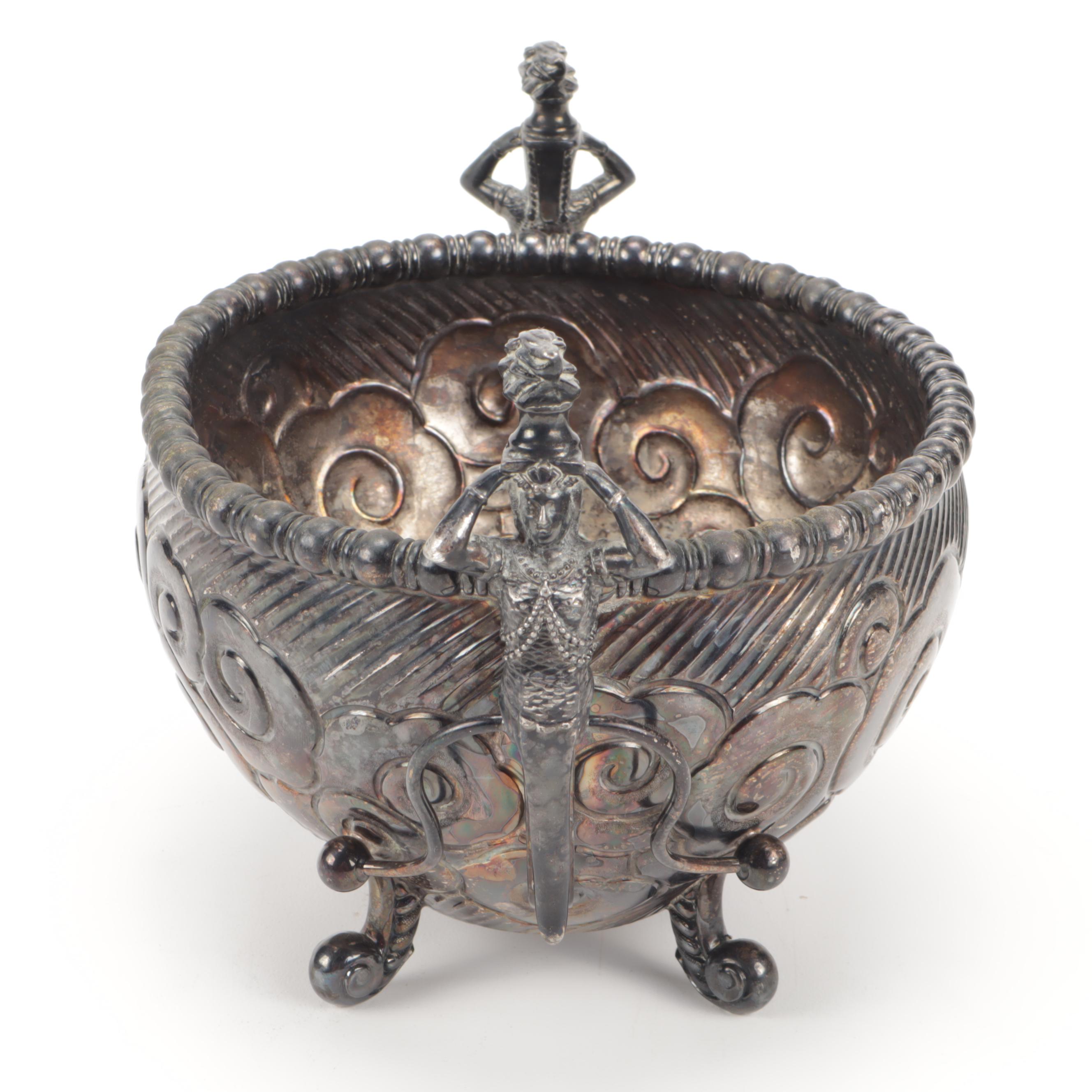 Meriden Silver Co. Silver Plate Bowl with Art Nouveau Figural Handles