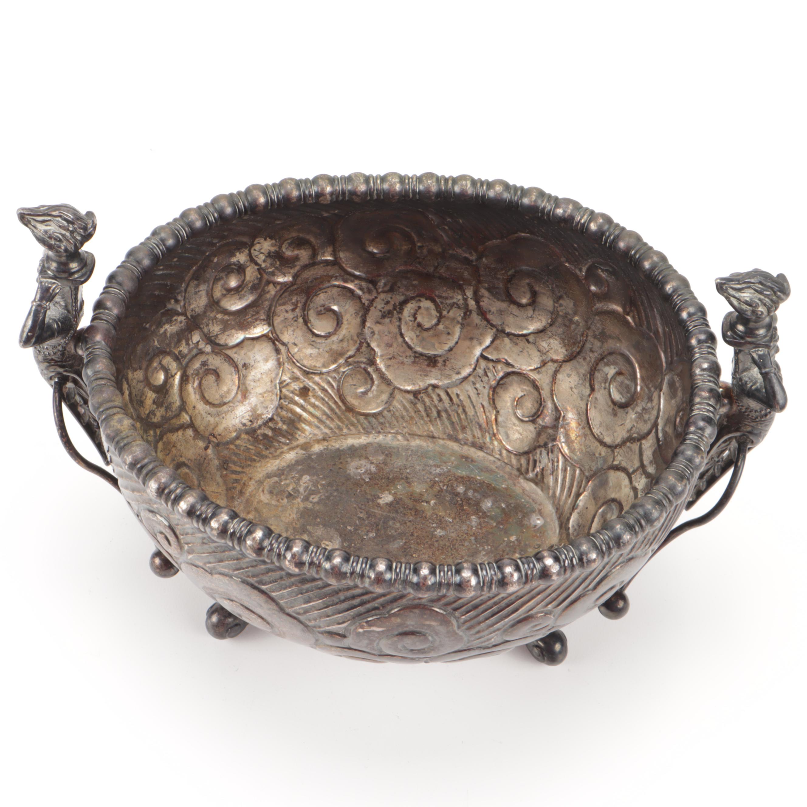 Meriden Silver Co. Silver Plate Bowl with Art Nouveau Figural Handles