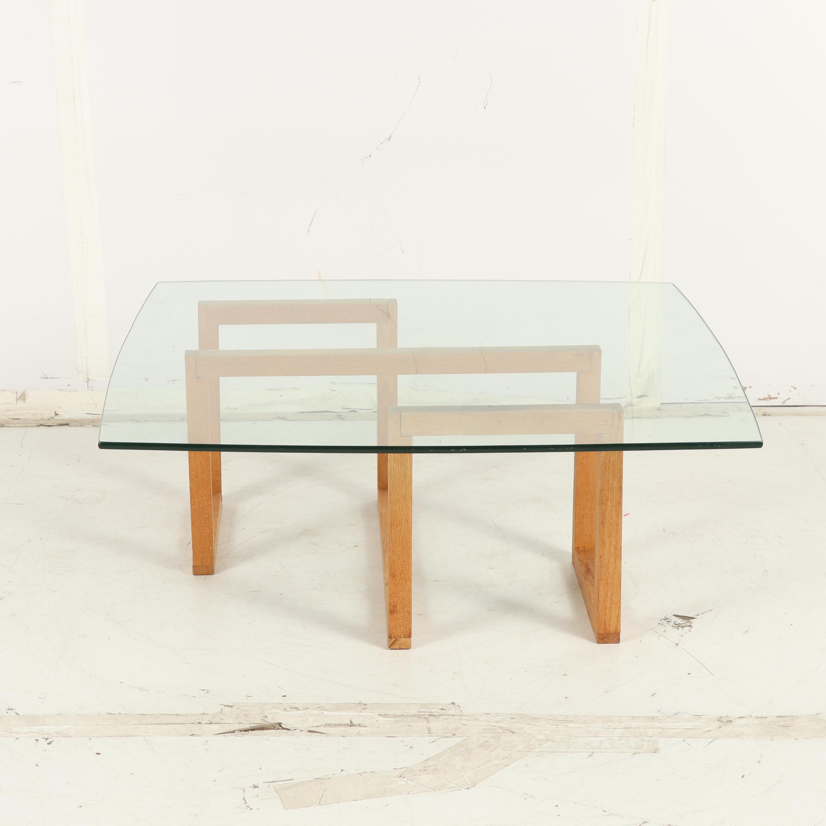 Comtemporary Wooden Stand Coffee Table with Glass Top