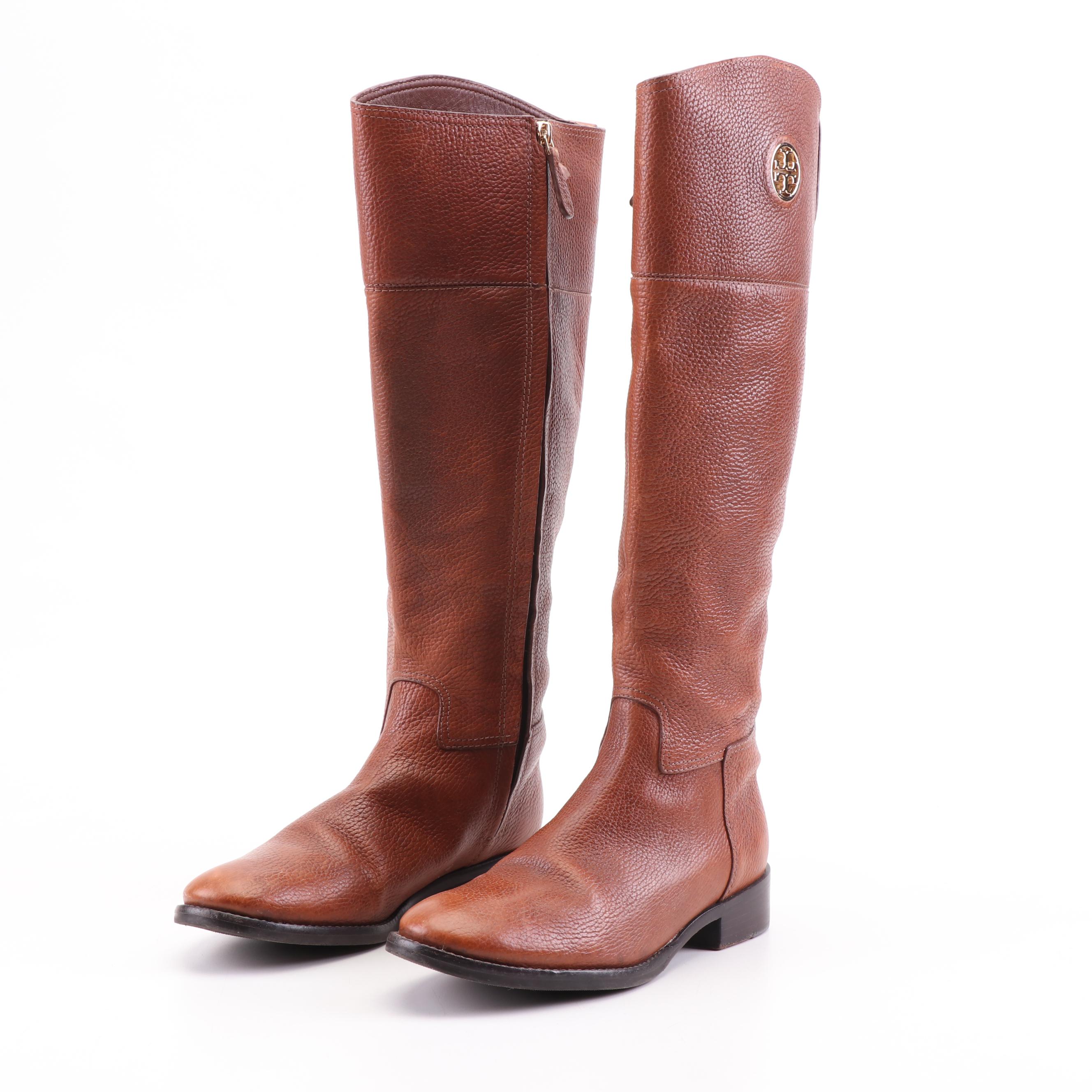 Tory Burch Brown Pebbled Leather Riding Boots with Logo