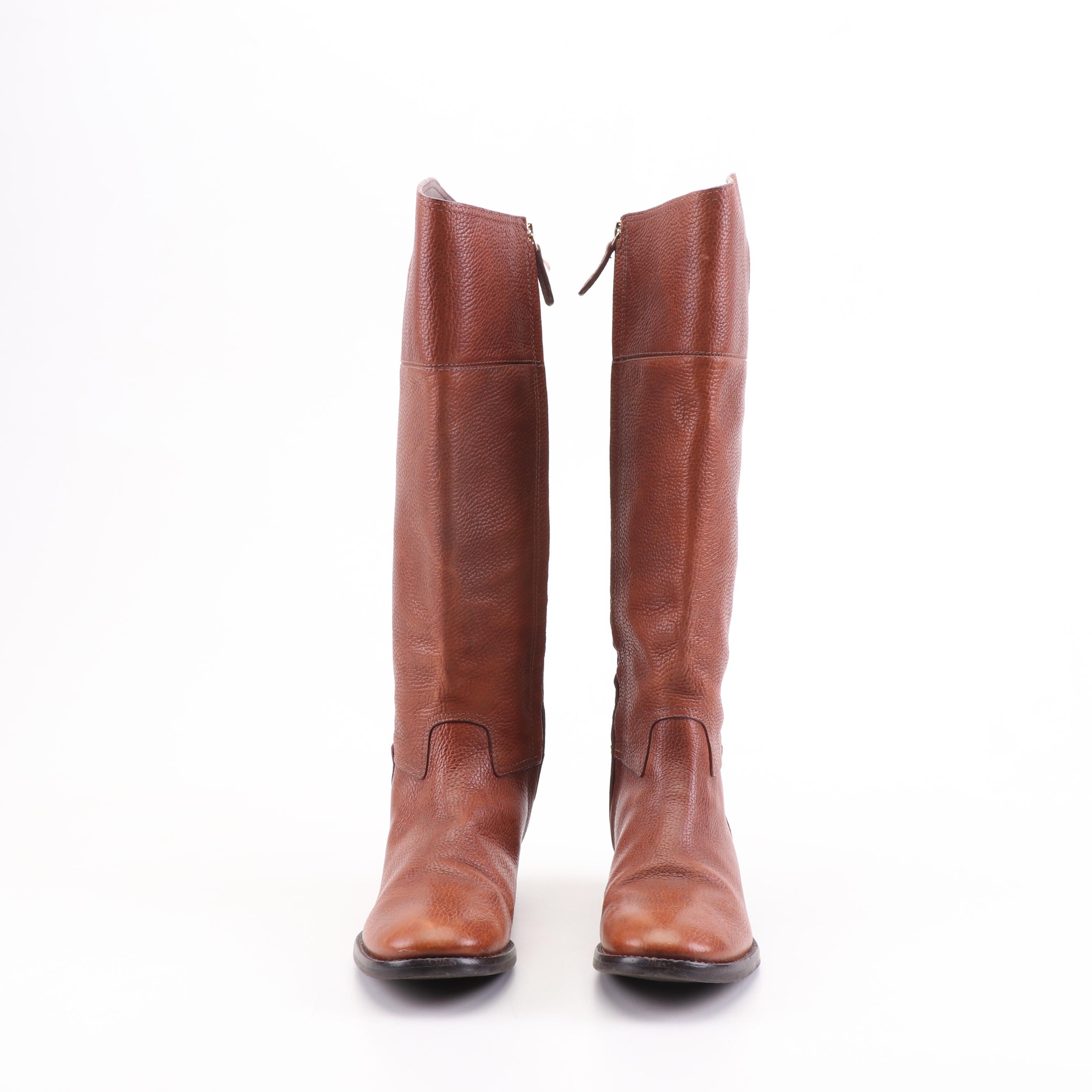 Tory Burch Brown Pebbled Leather Riding Boots with Logo
