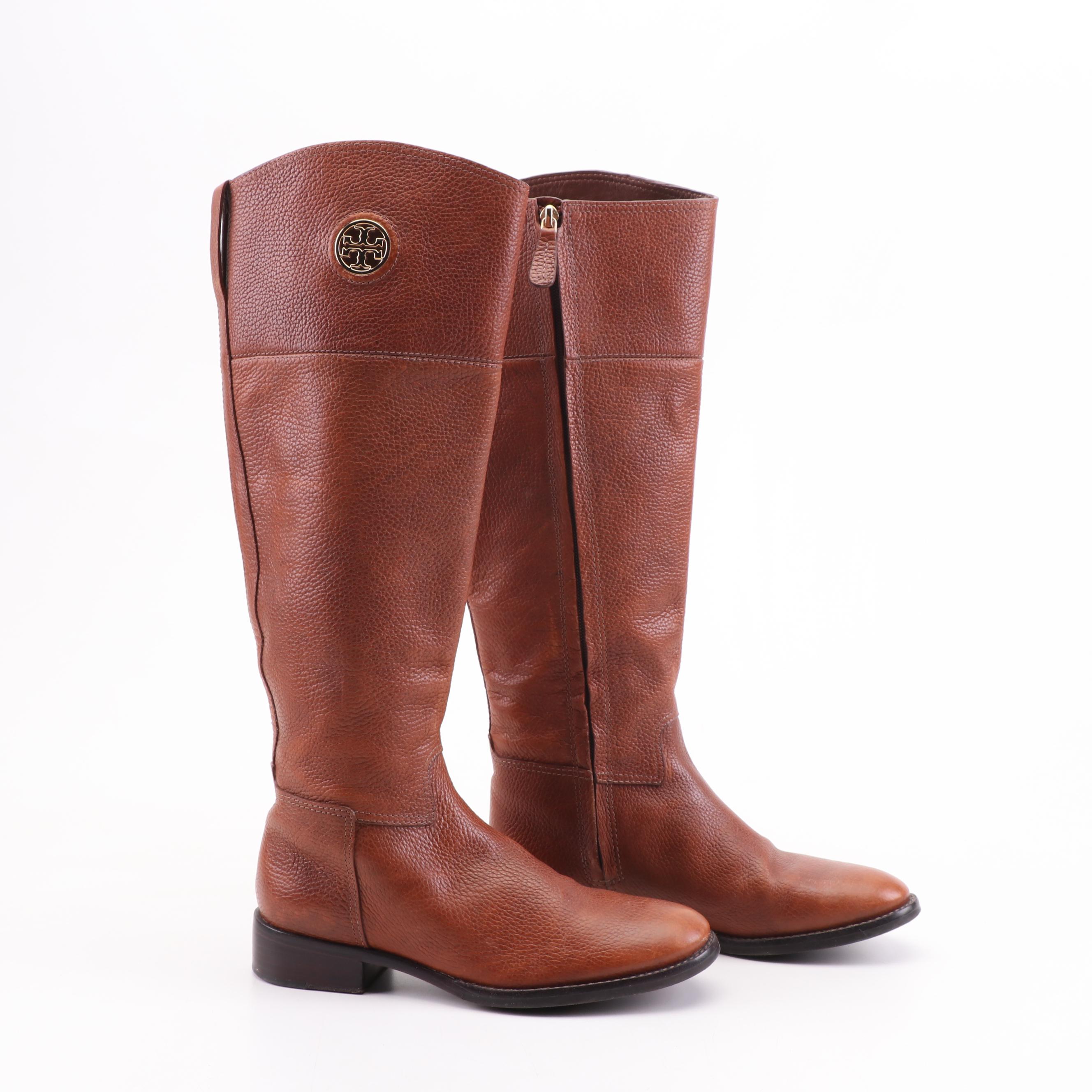 Tory Burch Brown Pebbled Leather Riding Boots with Logo