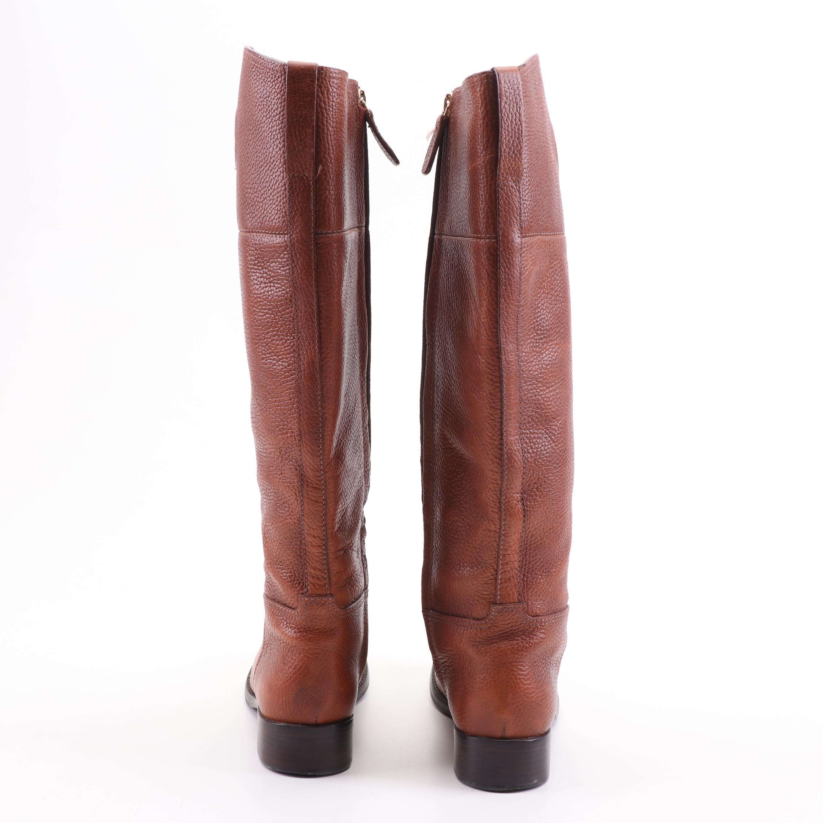 Tory Burch Brown Pebbled Leather Riding Boots with Logo